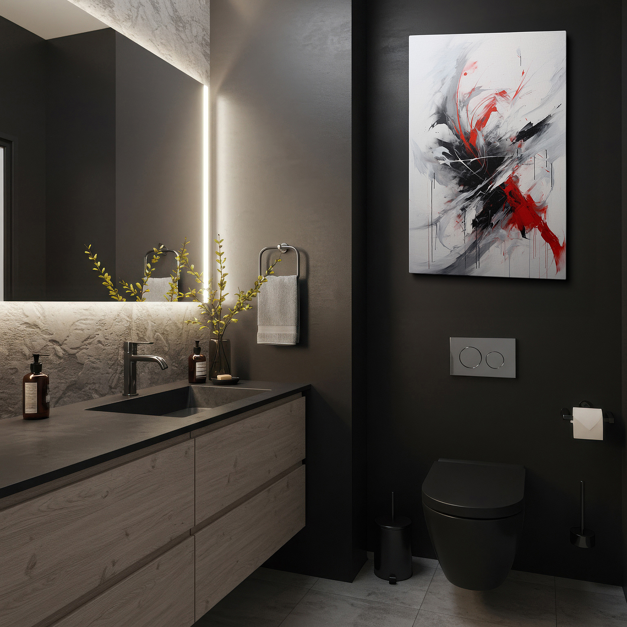 Balanced between two tall indoor plants near a window — dynamic tension in black, red, and white: a visual and emotional storm - large wall art, canvas wall art, wall decor for office and bedroom