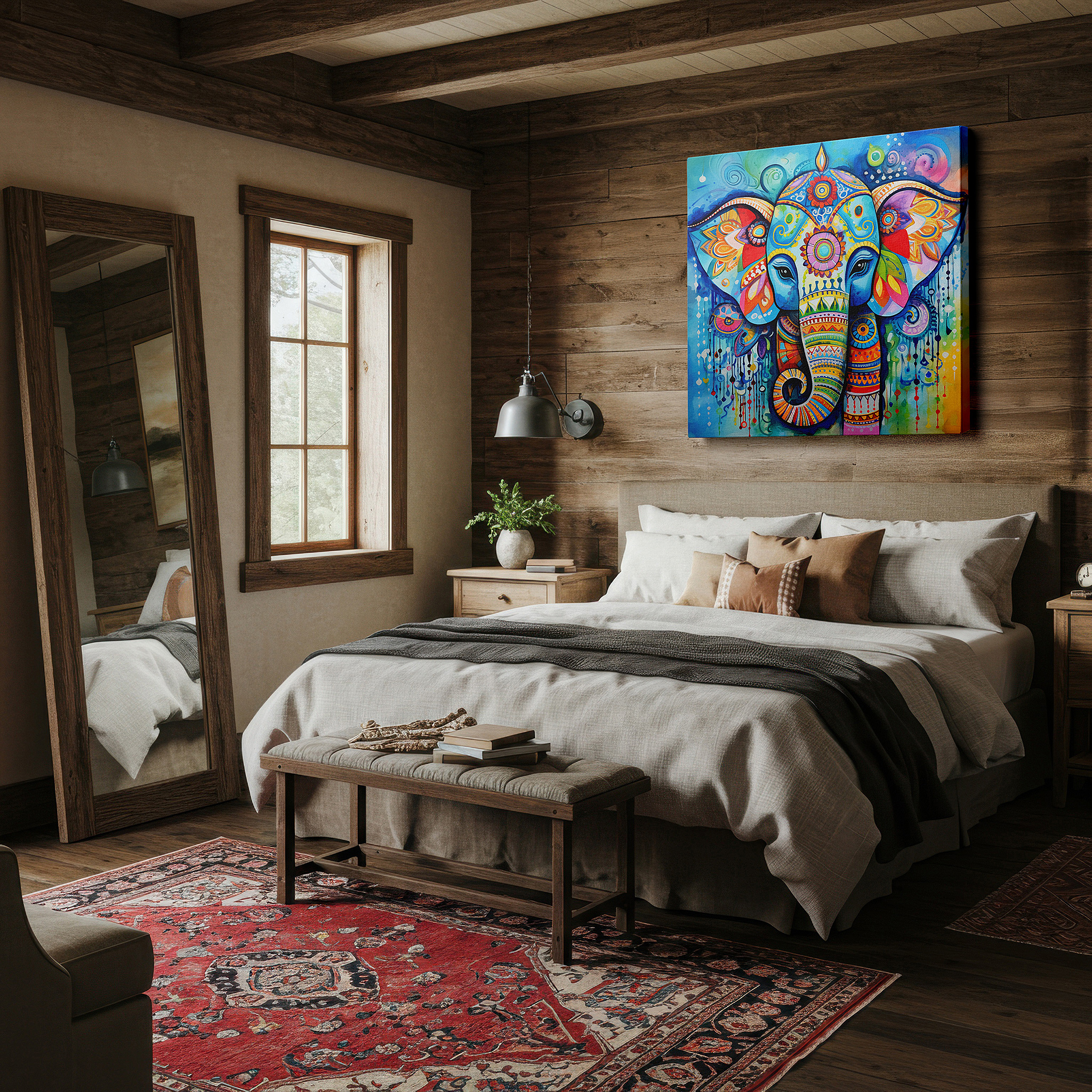 Balanced between two tall indoor plants near a window — elephant mandala symbolizing unity and spiritual growth - large canvas wall art for office and bedroom decor