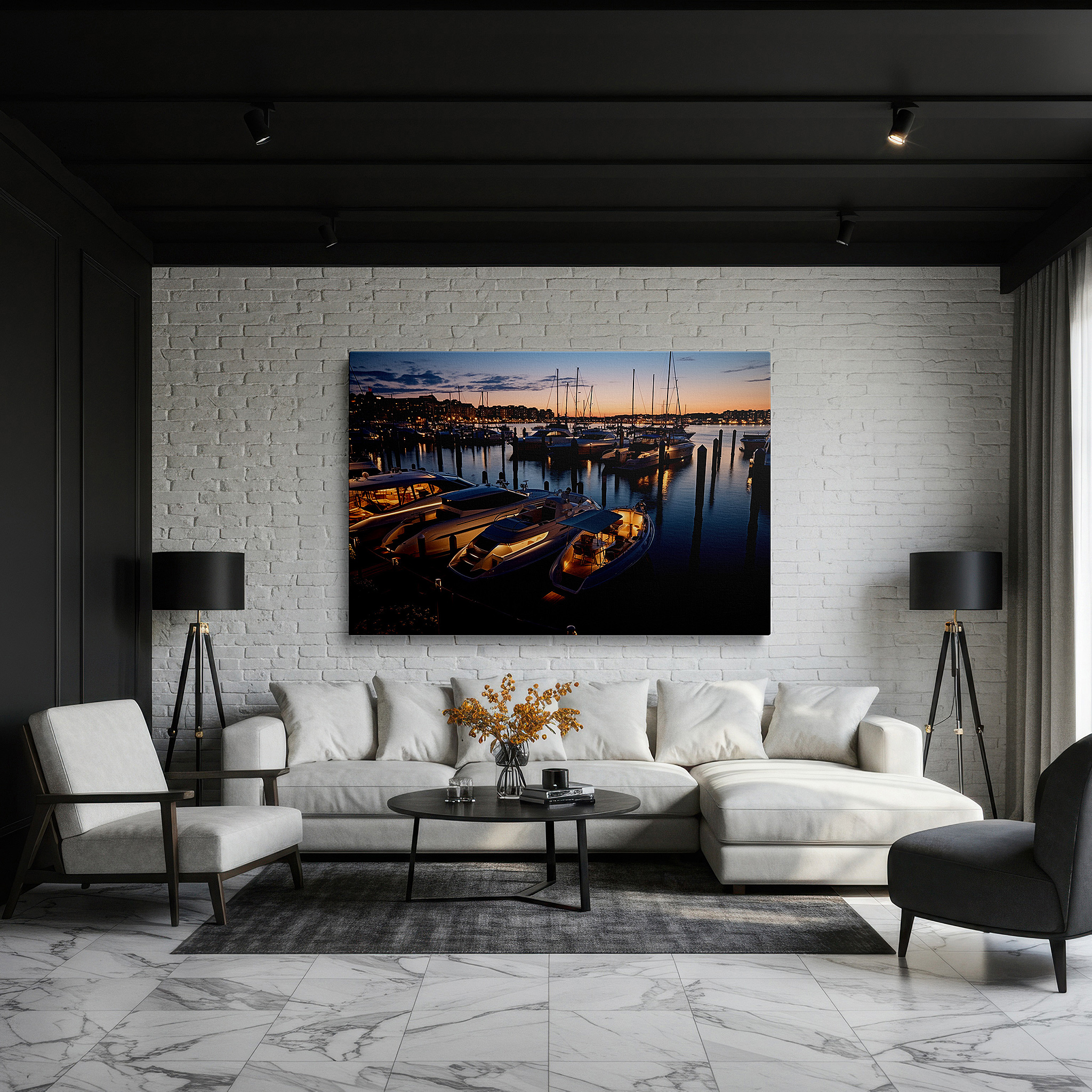 Balanced between two tall indoor plants near a window — enchanting dusk at the vibrant marina: tranquil evening with glimmering boats and soft lights - large canvas wall art for office decor