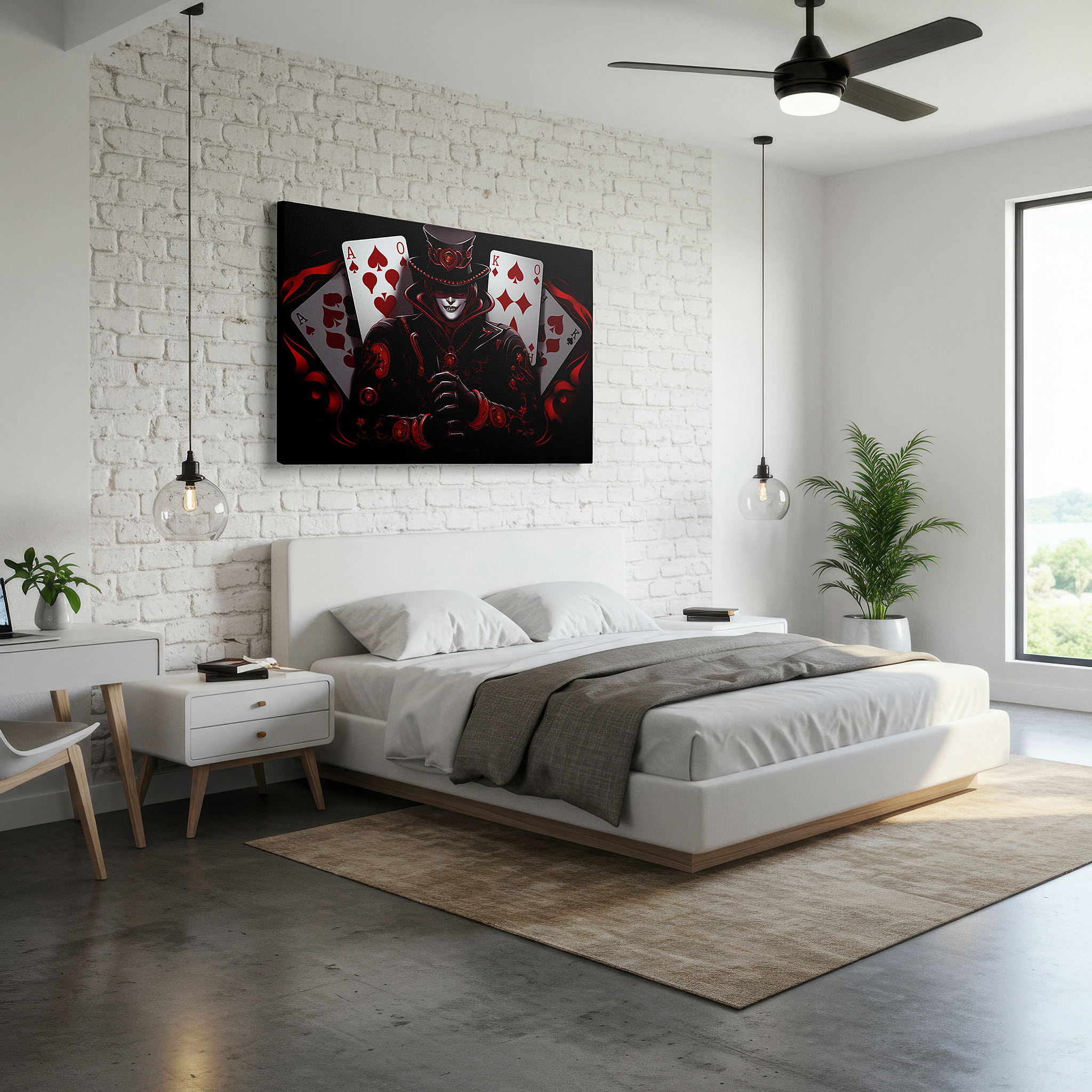 Balanced between two tall indoor plants near a window — enchanting wizard of cards: a transformative, mystical large wall art piece for office and bedroom decor, available on canvas