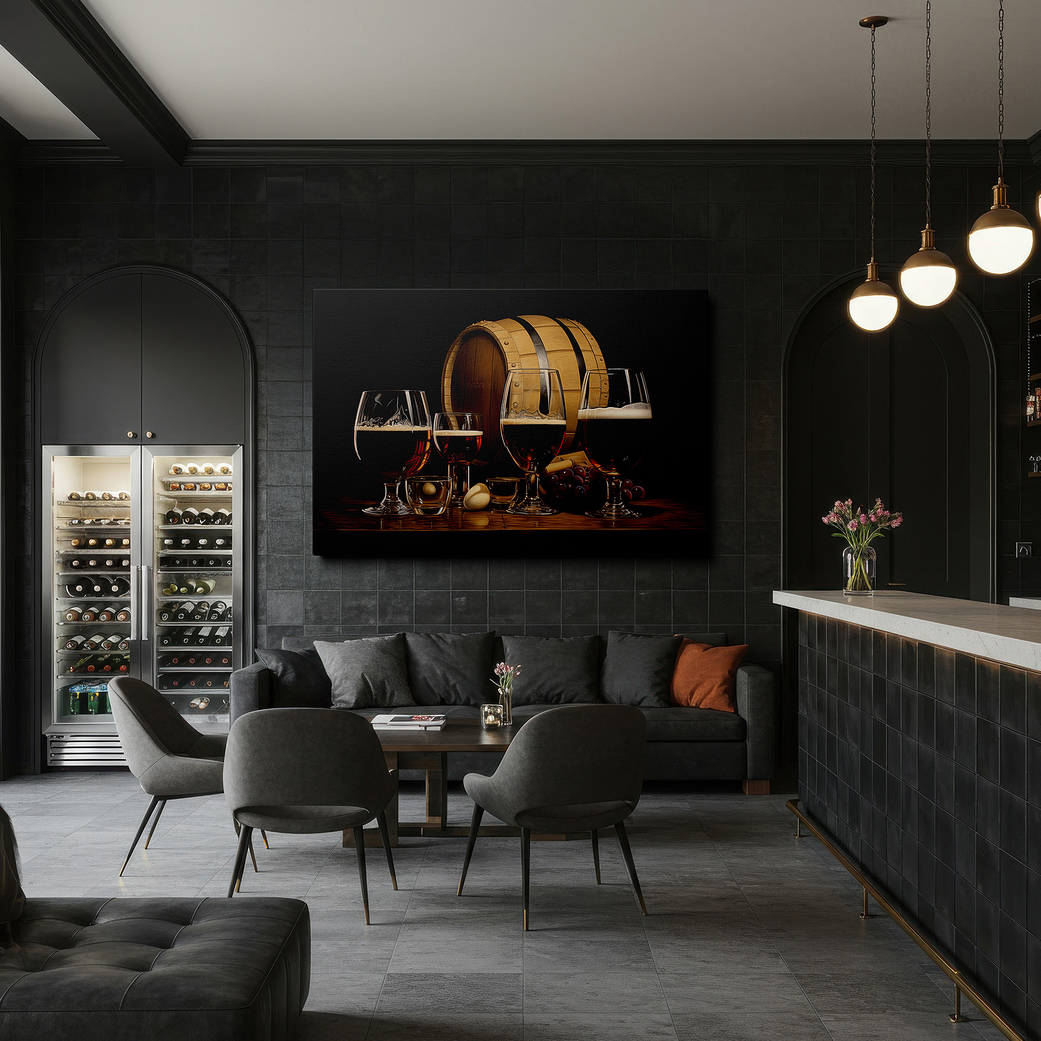 Balanced between two tall indoor plants near a window — enjoying exquisite drinks and cozy times with rustic elegance and crafted details - large wall art, canvas wall art, wall decor, office wall art