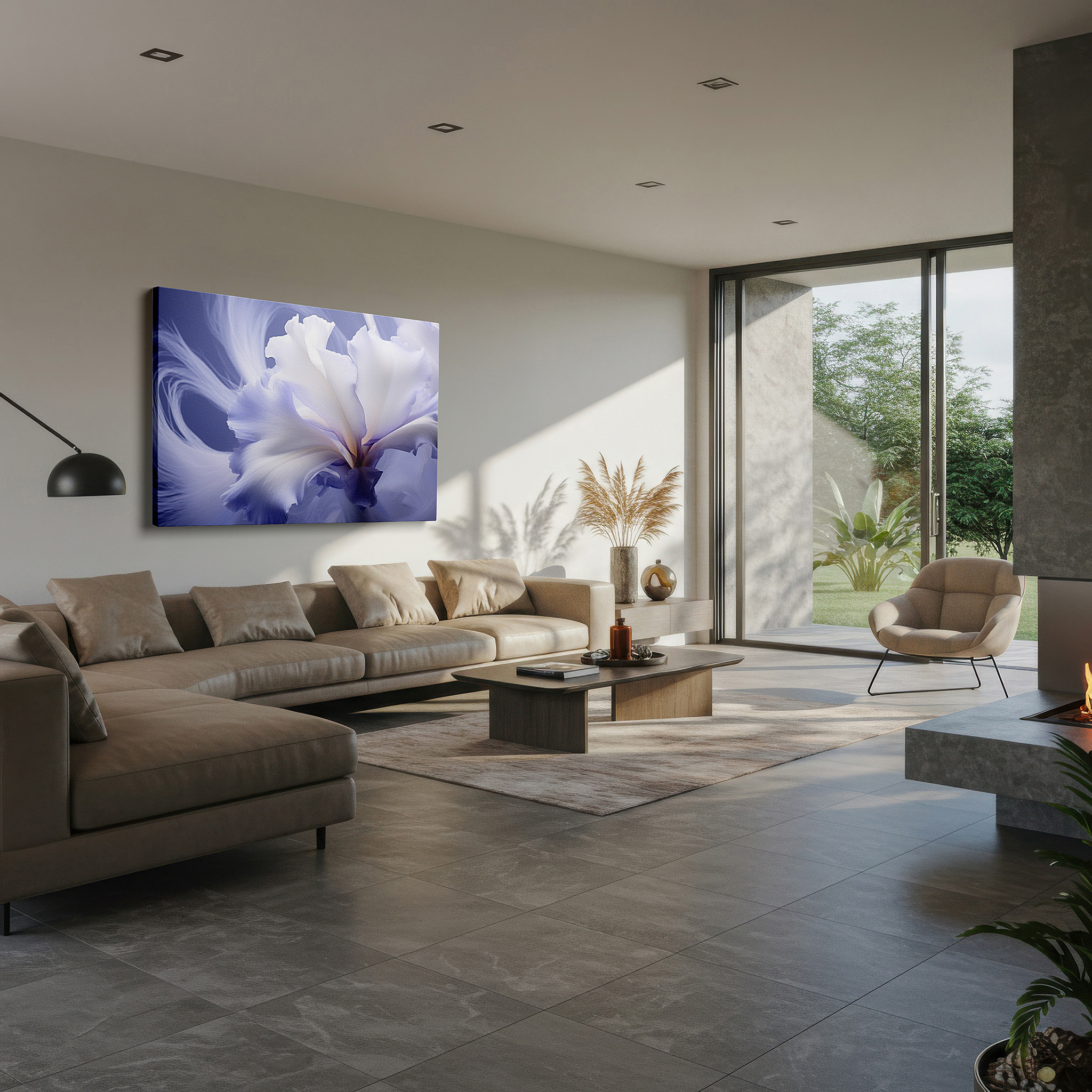 Balanced between two tall indoor plants near a window — ethereal light purple iris wall art for the office: a tranquil masterpiece of subtle beauty - large canvas wall decor