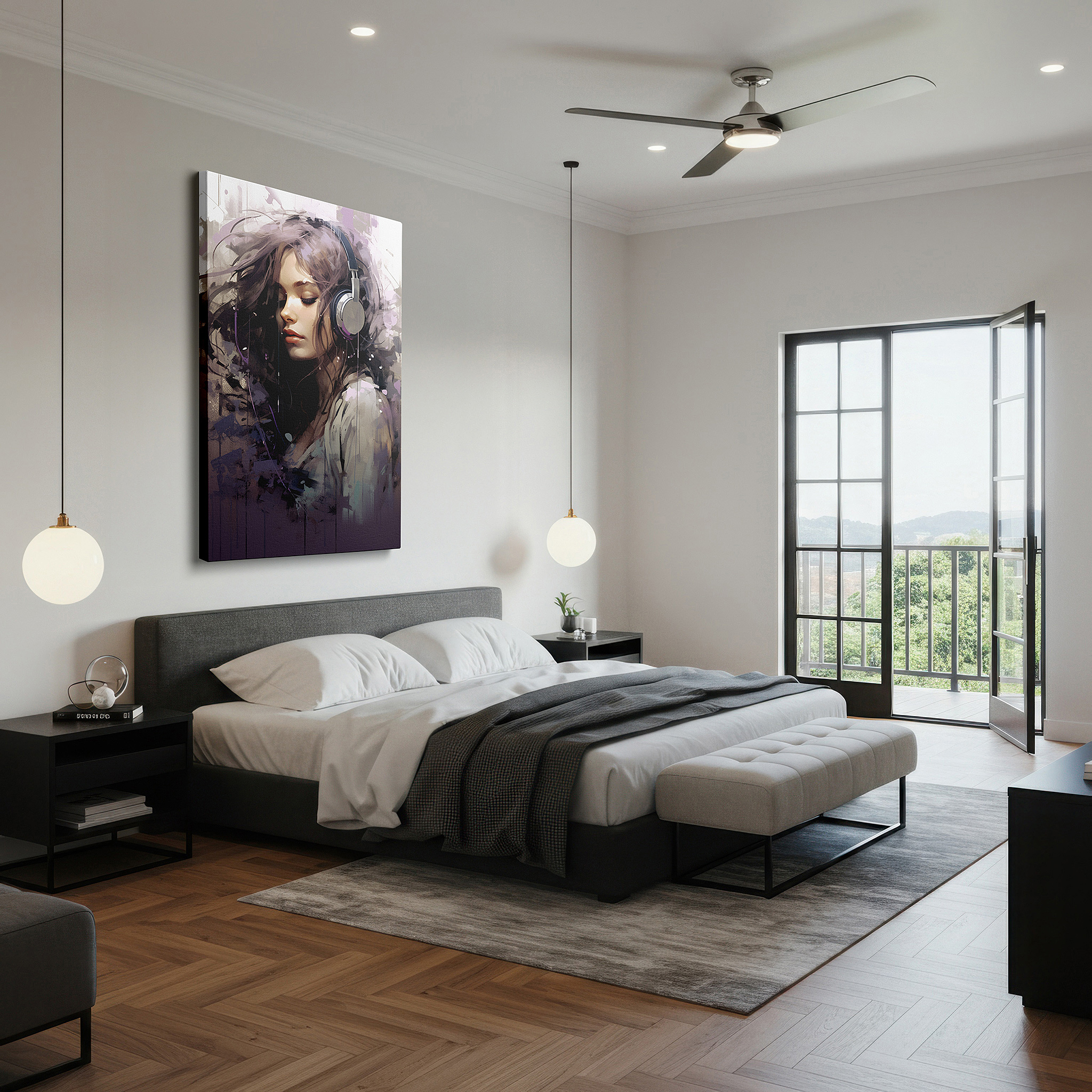Balanced between two tall indoor plants near a window — ethereal melodies: a young girl enveloped by music - large wall art, canvas wall art, wall decor for office and bedroom