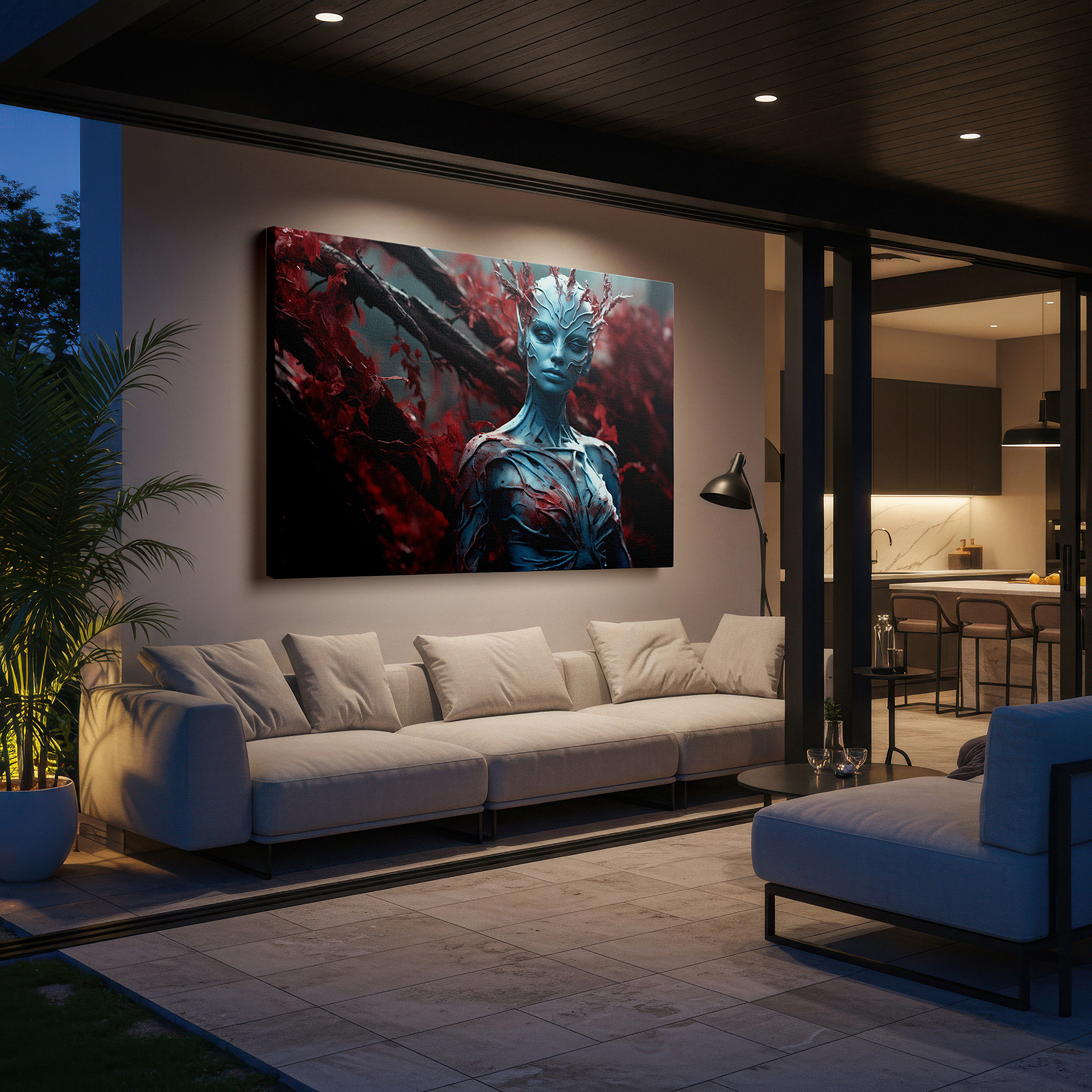 Balanced between two tall indoor plants near a window — fiery red leaves and surreal ocean transformation large canvas wall art for office, bedroom, and living room decor
