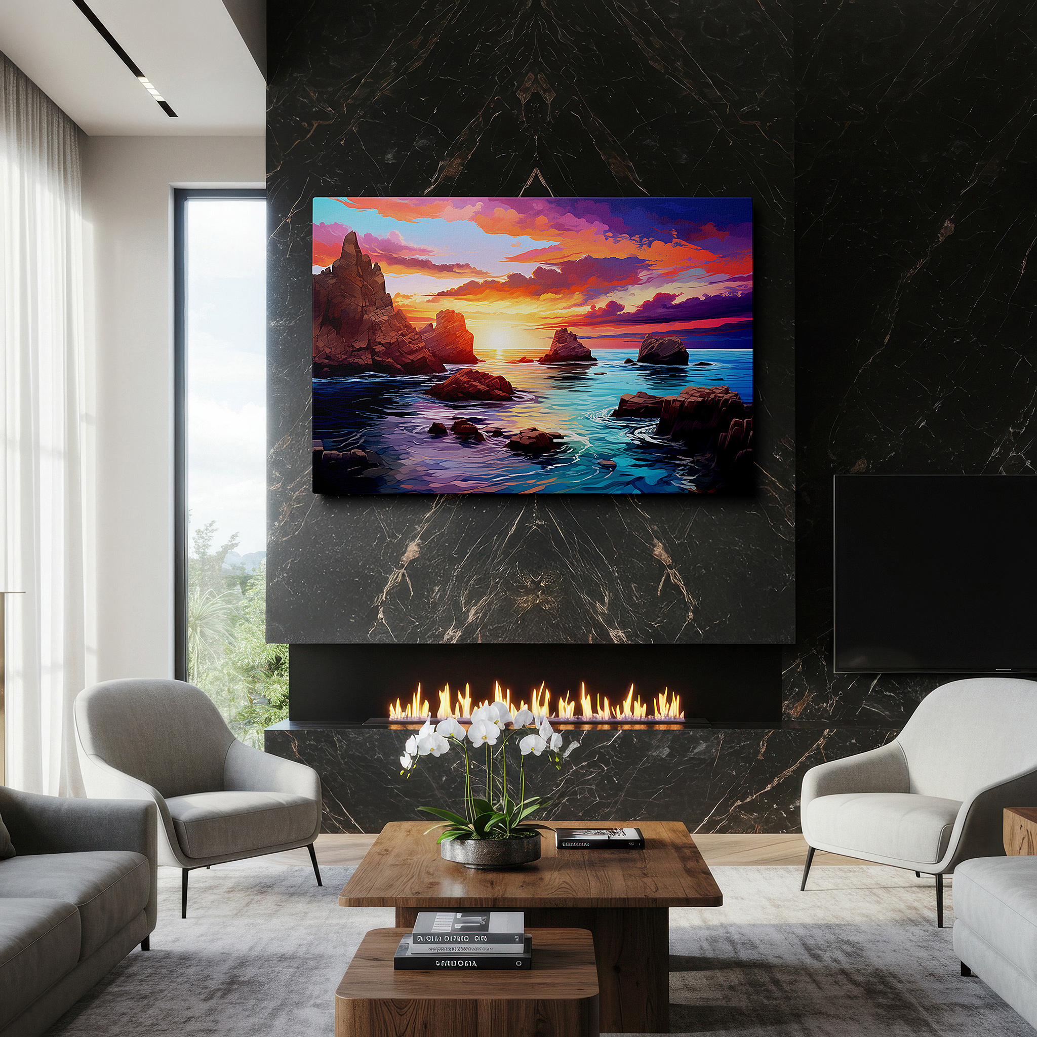 Balanced between two tall indoor plants near a window — fiery sunset seascape with tranquil waters: a serene reflection - large canvas wall art for home and office decor