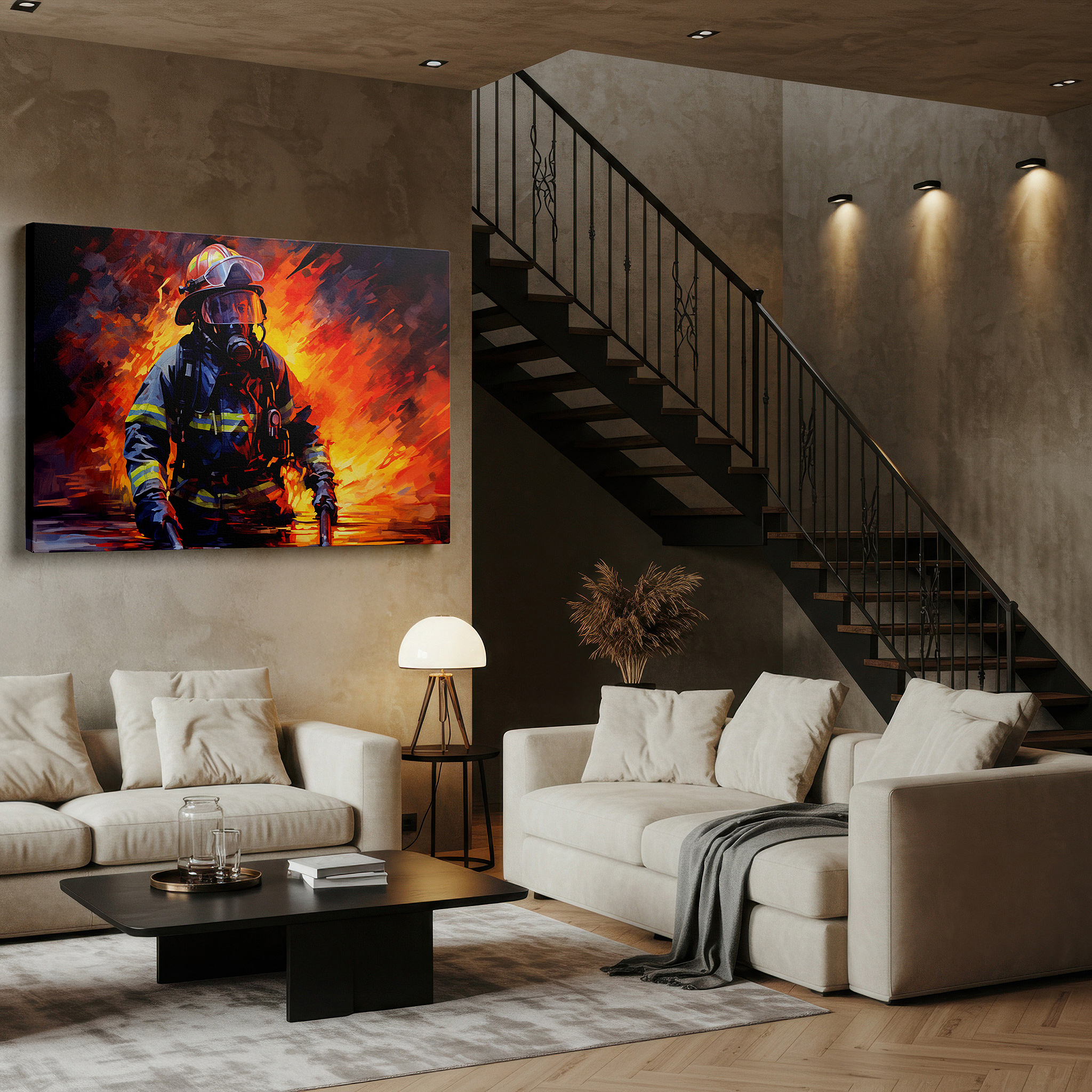 Balanced between two tall indoor plants near a window — firefighter's bravery amidst flames large wall art, canvas decor for office, bedroom, and living room