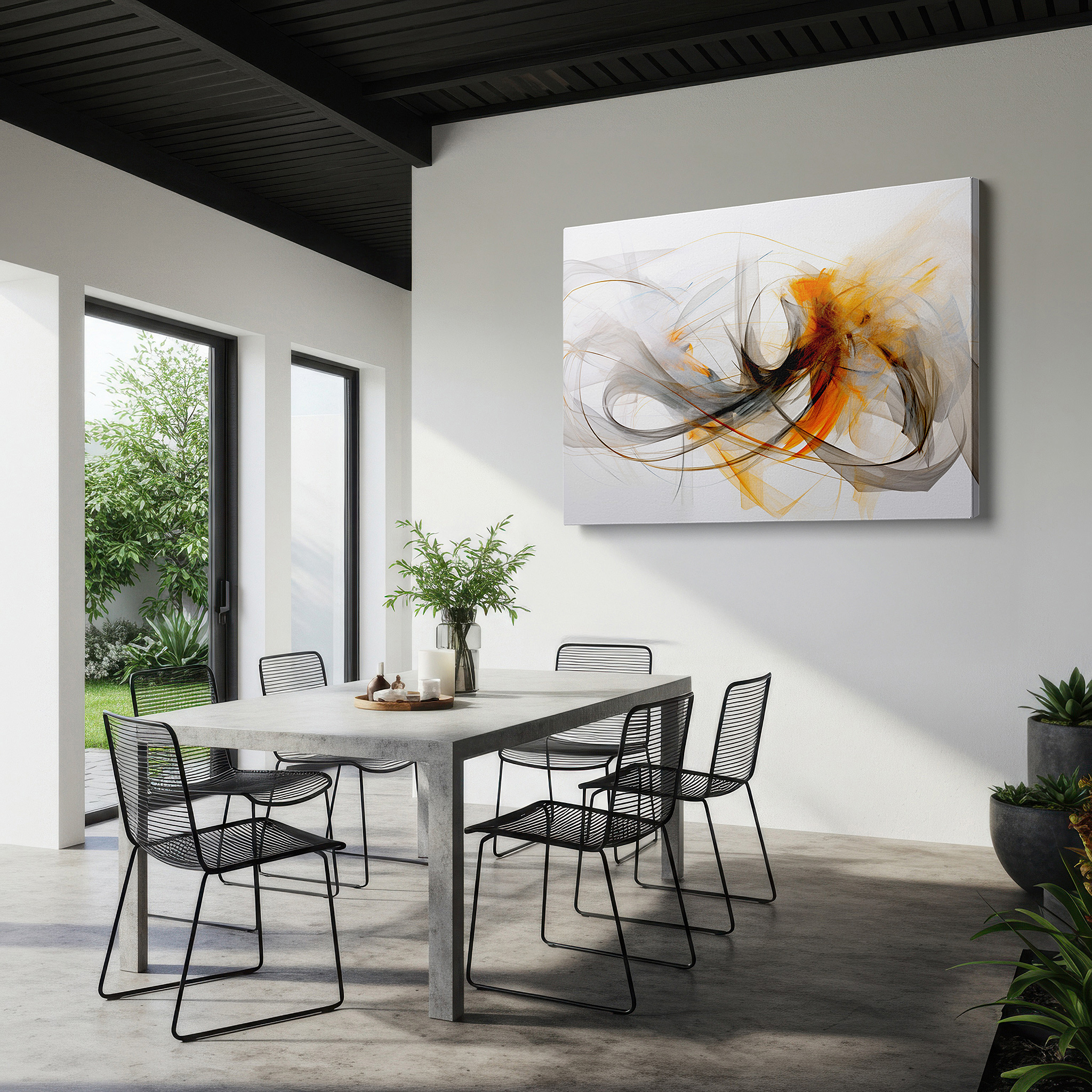 Balanced between two tall indoor plants near a window — fluid abstract symphony: vibrant swirls and warm hues large wall art, canvas wall art for office, bedroom, and living room decor