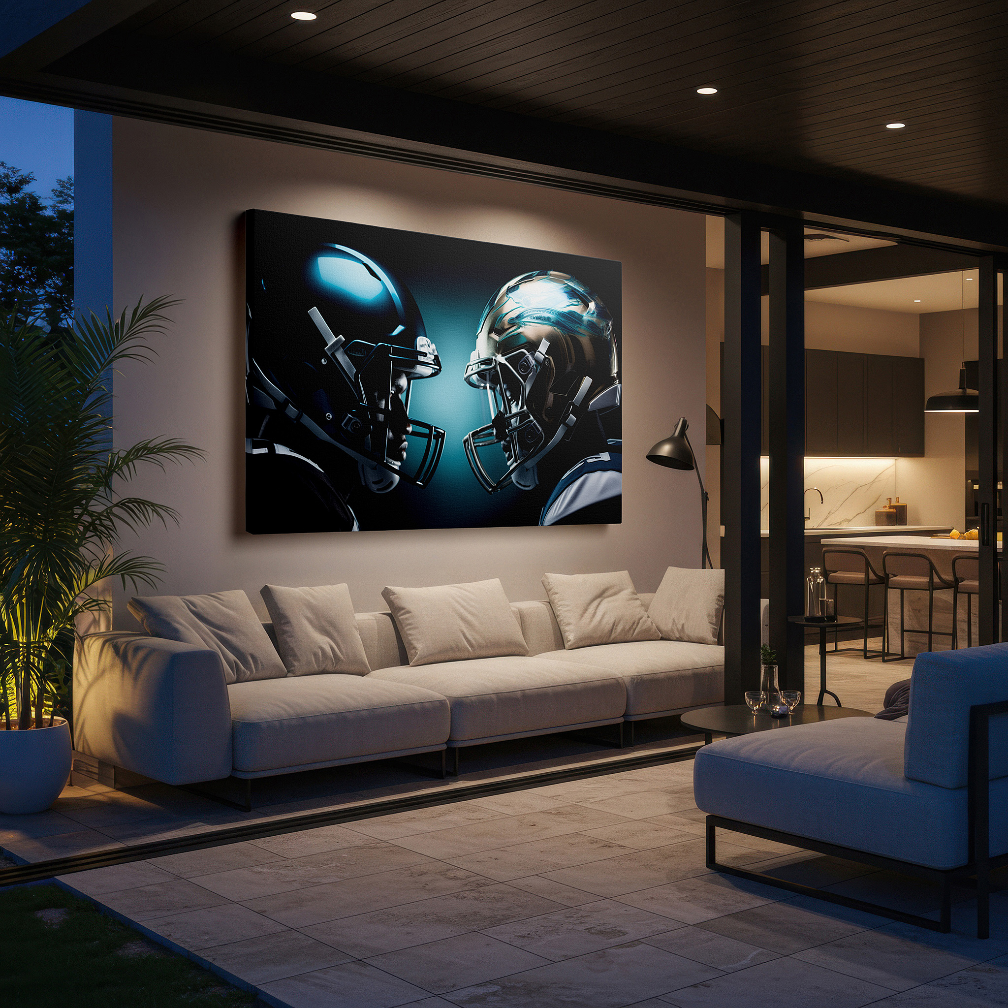 Balanced between two tall indoor plants near a window — football rivalry helmets - intense pre-game face-off depicting the competitive essence of football, large canvas wall art for office decor