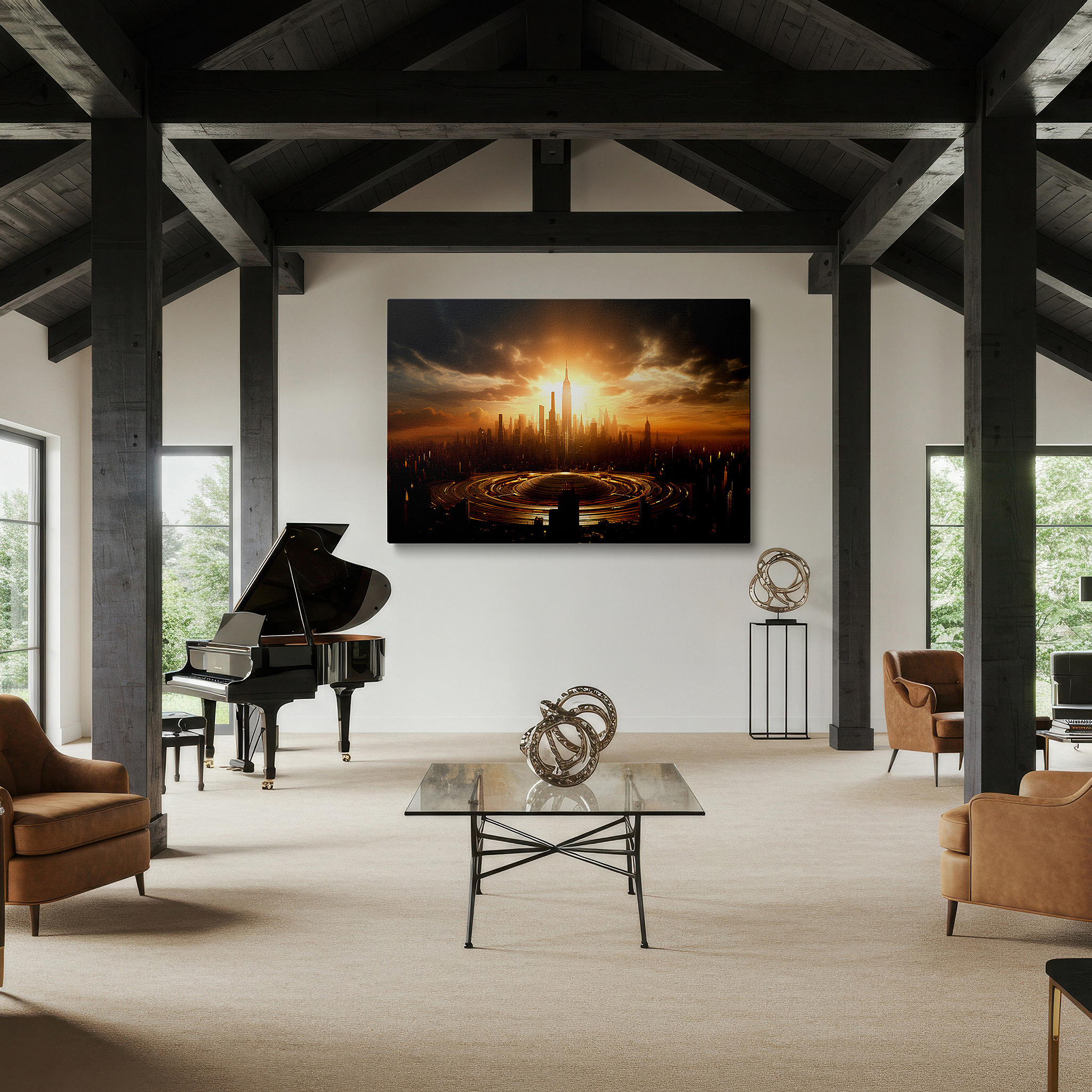 Balanced between two tall indoor plants near a window — futuristic cityscape at sunset: a canvas of innovation and progress - large wall art, canvas wall art, wall art decor, office wall art, bedroom wall art