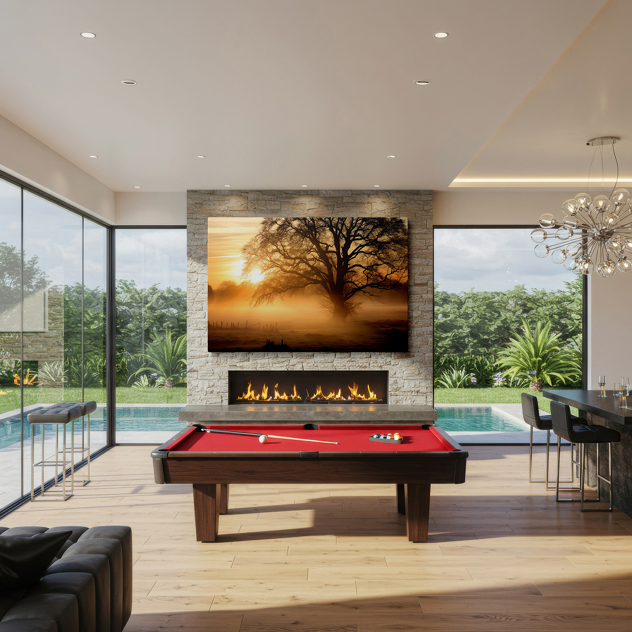 Balanced between two tall indoor plants near a window — golden sunrise and majestic tree silhouette canvas wall art, embracing dawn's warmth and mystery, large wall decor for office