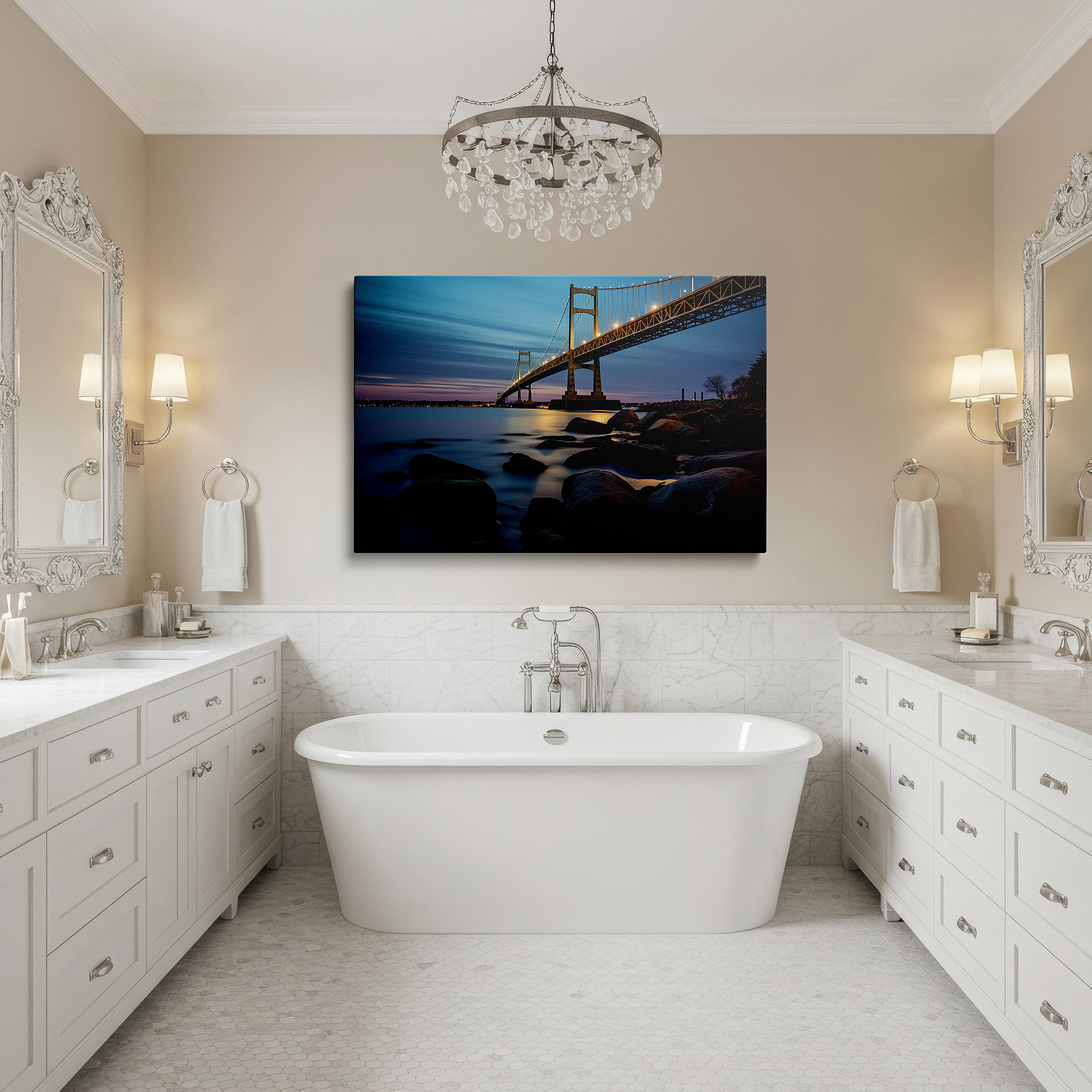 Balanced between two tall indoor plants near a window — grand bridge over serene waters illuminated by golden lights under a nocturnal sky large wall art, canvas wall art, wall decor, office decor