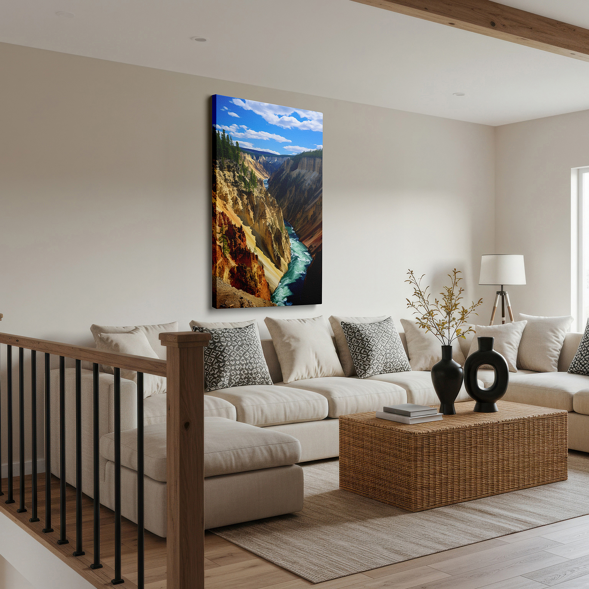 Balanced between two tall indoor plants near a window — grand canyon majesty: vibrant rock formations and tranquil waters - large canvas wall art for office and bedroom decor