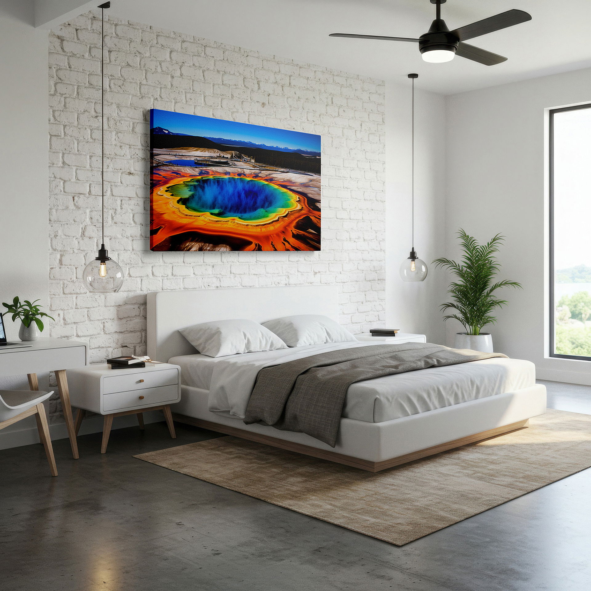 Balanced between two tall indoor plants near a window — grand prismatic spring aerial view: yellowstone's colorful natural palette - large canvas wall art for home and office decor