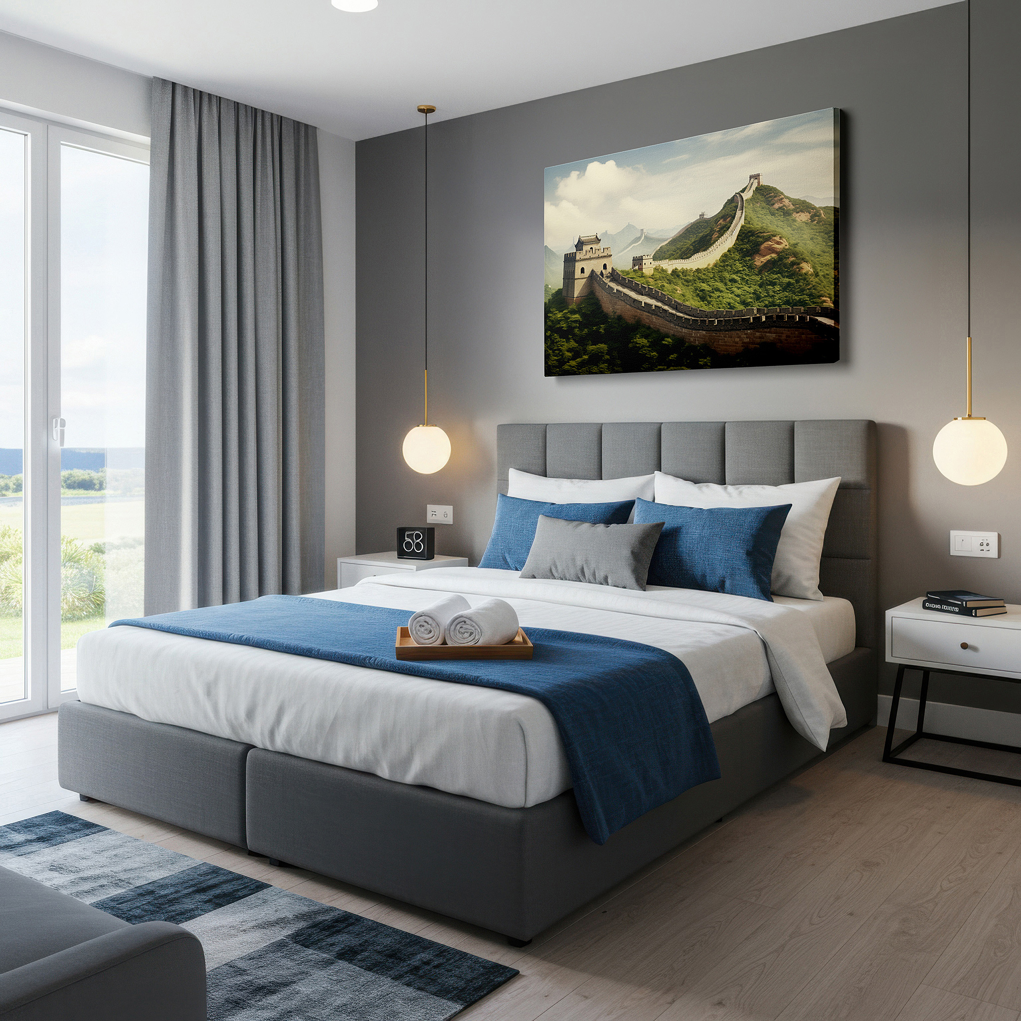 Balanced between two tall indoor plants near a window — great wall of china canvas art - emblem of resilience and ingenuity, ideal for office and bedroom decor