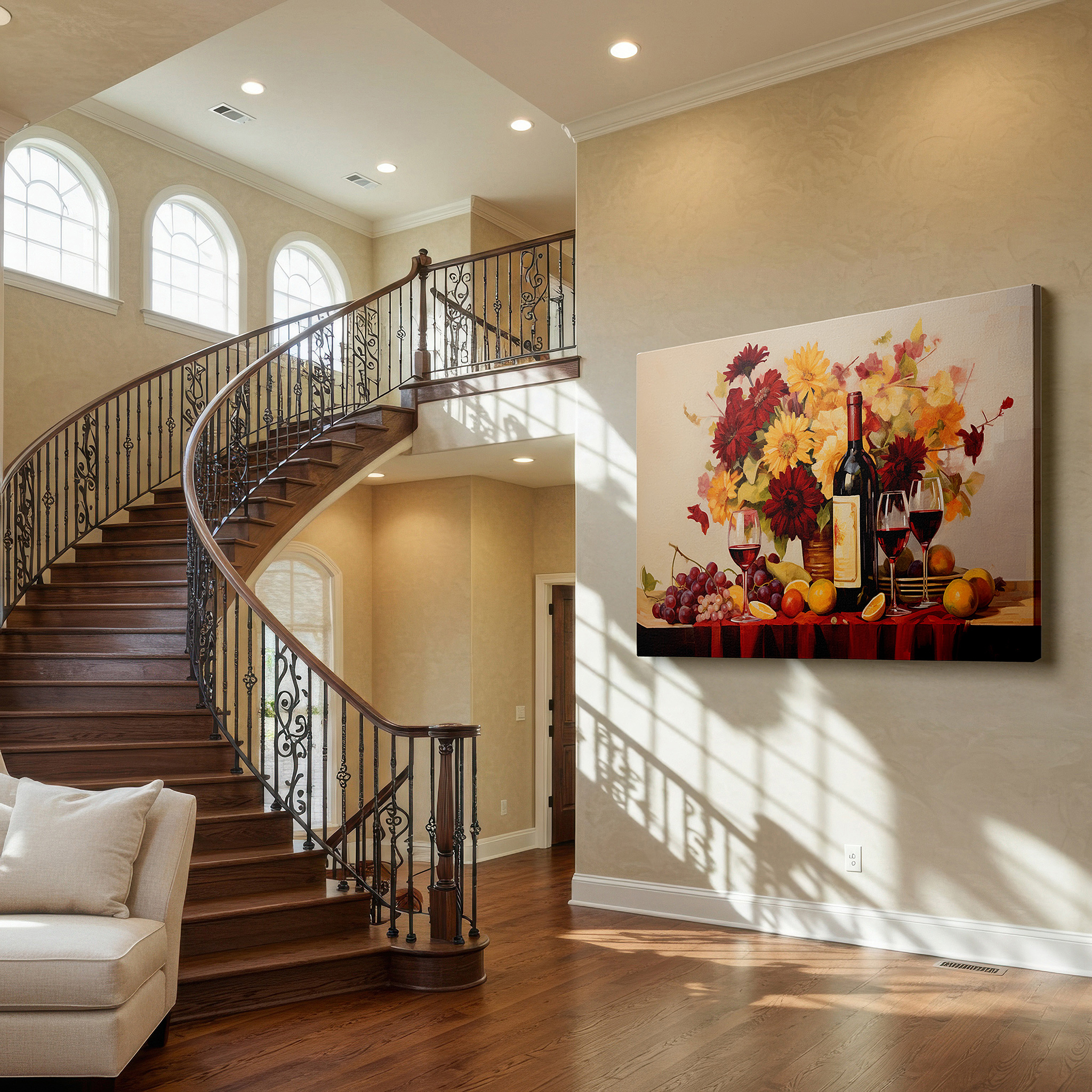 Balanced between two tall indoor plants near a window — joyful celebration of life with wine, fruit, and flowers: large canvas wall art for home and office decor