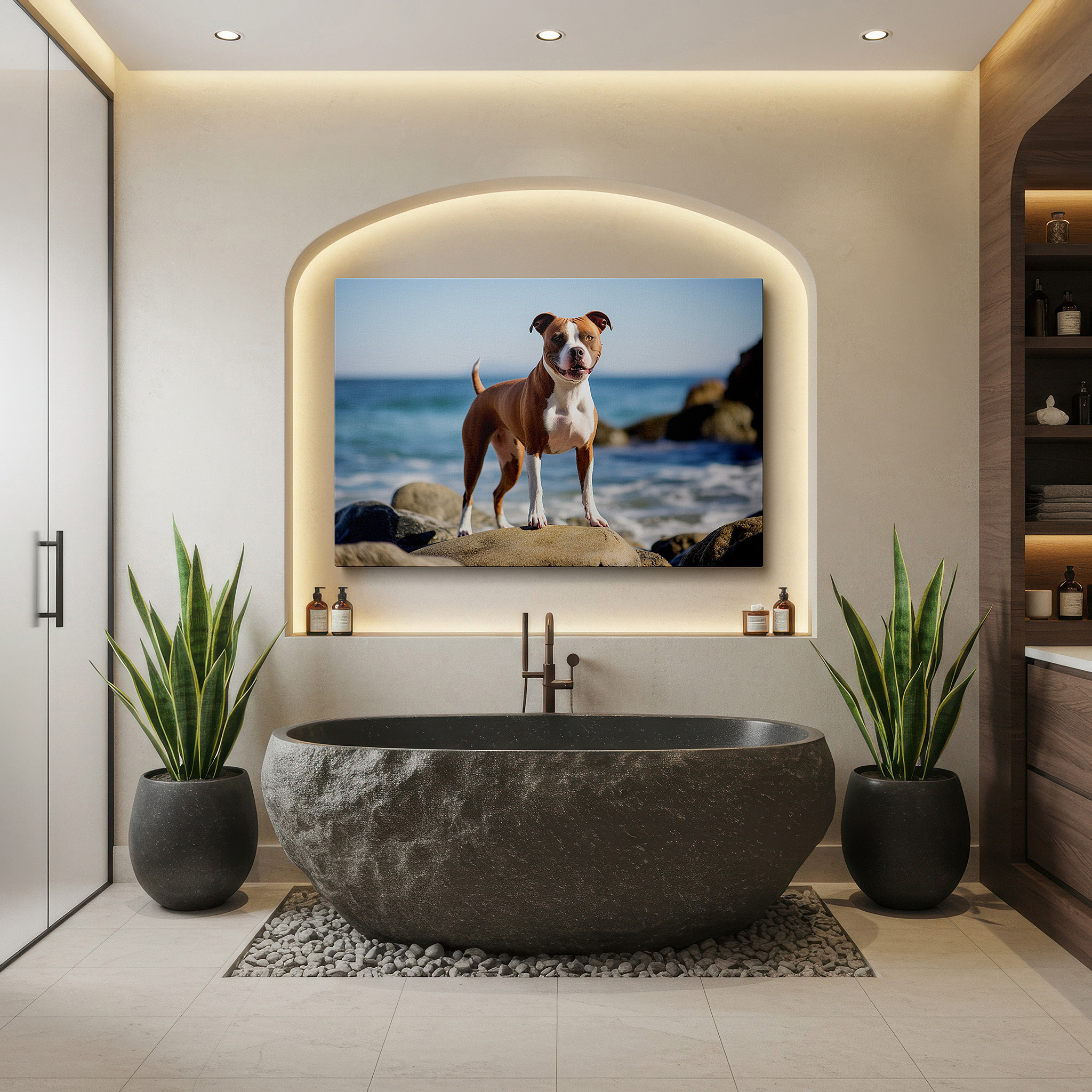 Balanced between two tall indoor plants near a window — joyful dog by the ocean: capturing the essence of happiness, freedom, and serene natural beauty - large wall art, canvas wall art, wall decor, office wall art