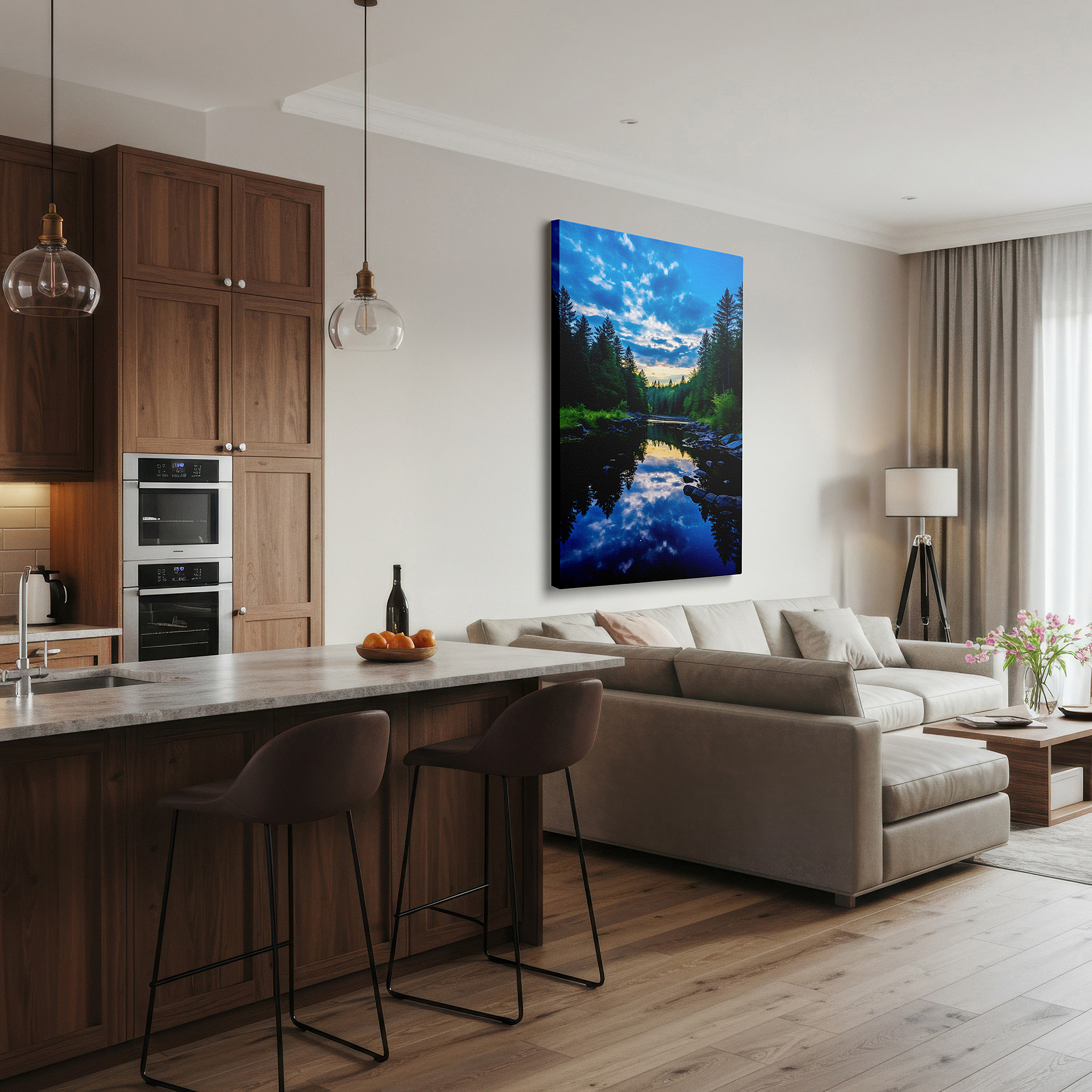 Balanced between two tall indoor plants near a window — lakeside serenity: a vibrant nature symphony - large canvas wall art for living room, bedroom, or office decor