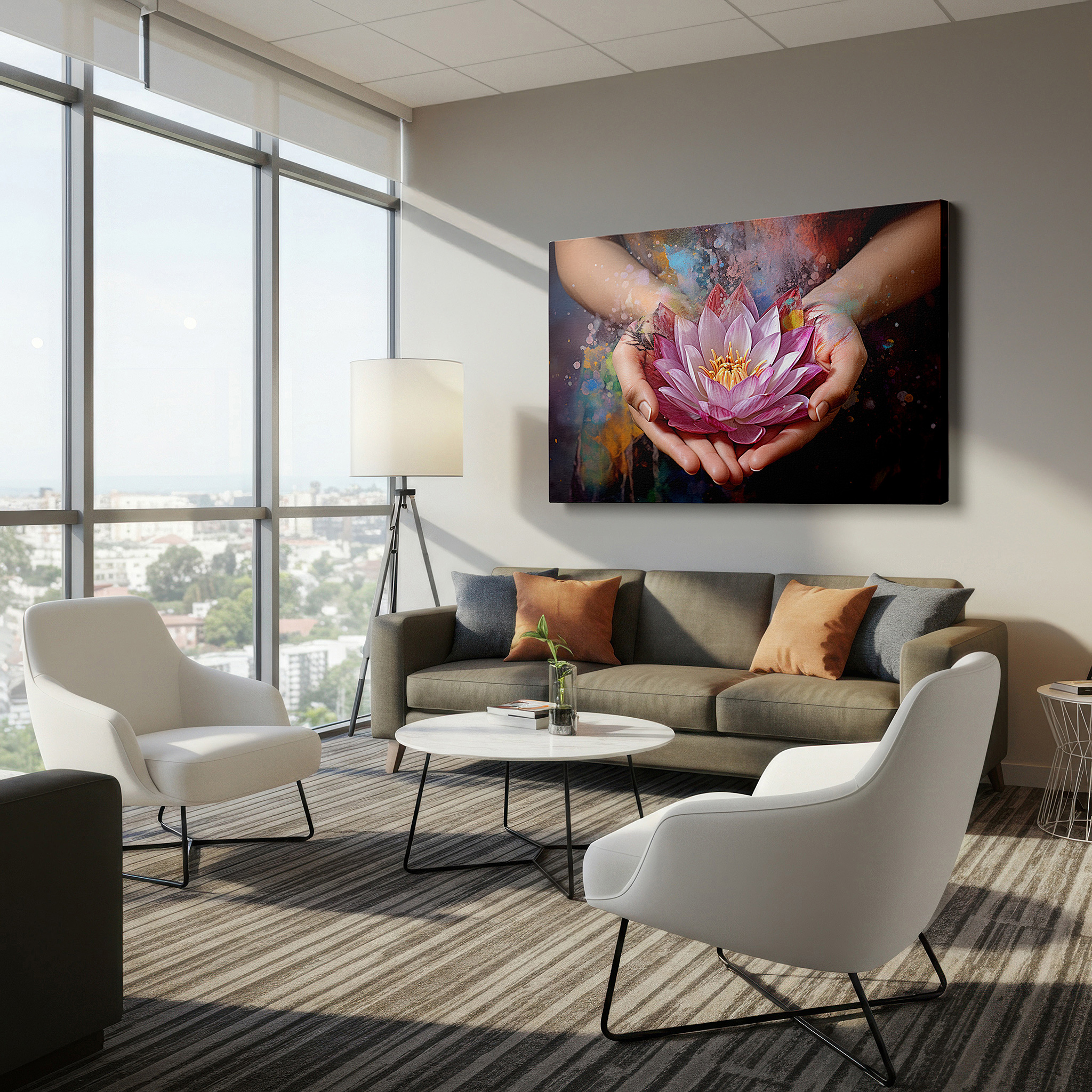 Balanced between two tall indoor plants near a window — large wall art canvas depicting hands cradling a lotus in a symbolic dance of purity and rebirth, highlighting the connection between humanity and nature