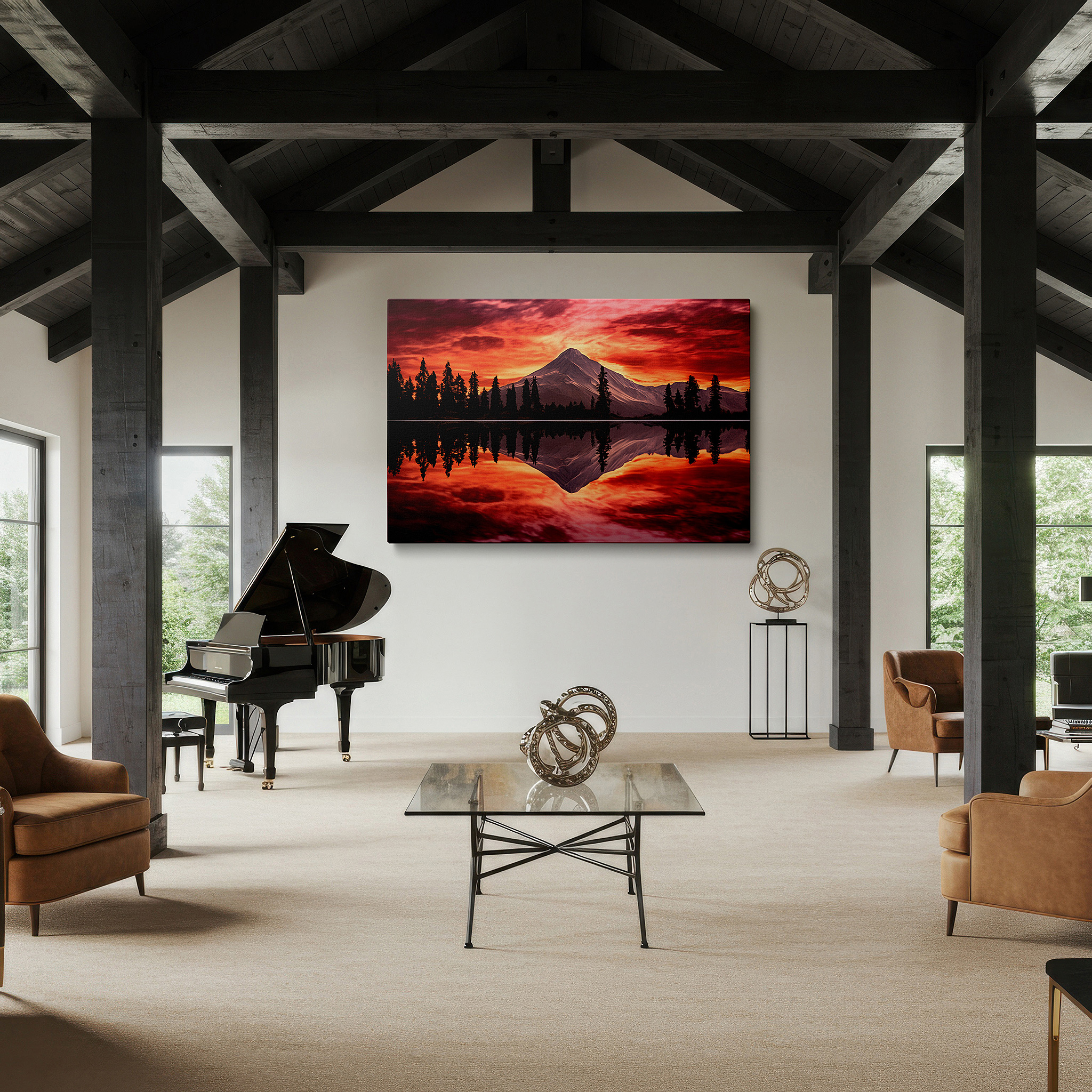 Balanced between two tall indoor plants near a window — majestic mountain sunset reflections on tranquil waters - large canvas wall art for office, bedroom, and living room decor