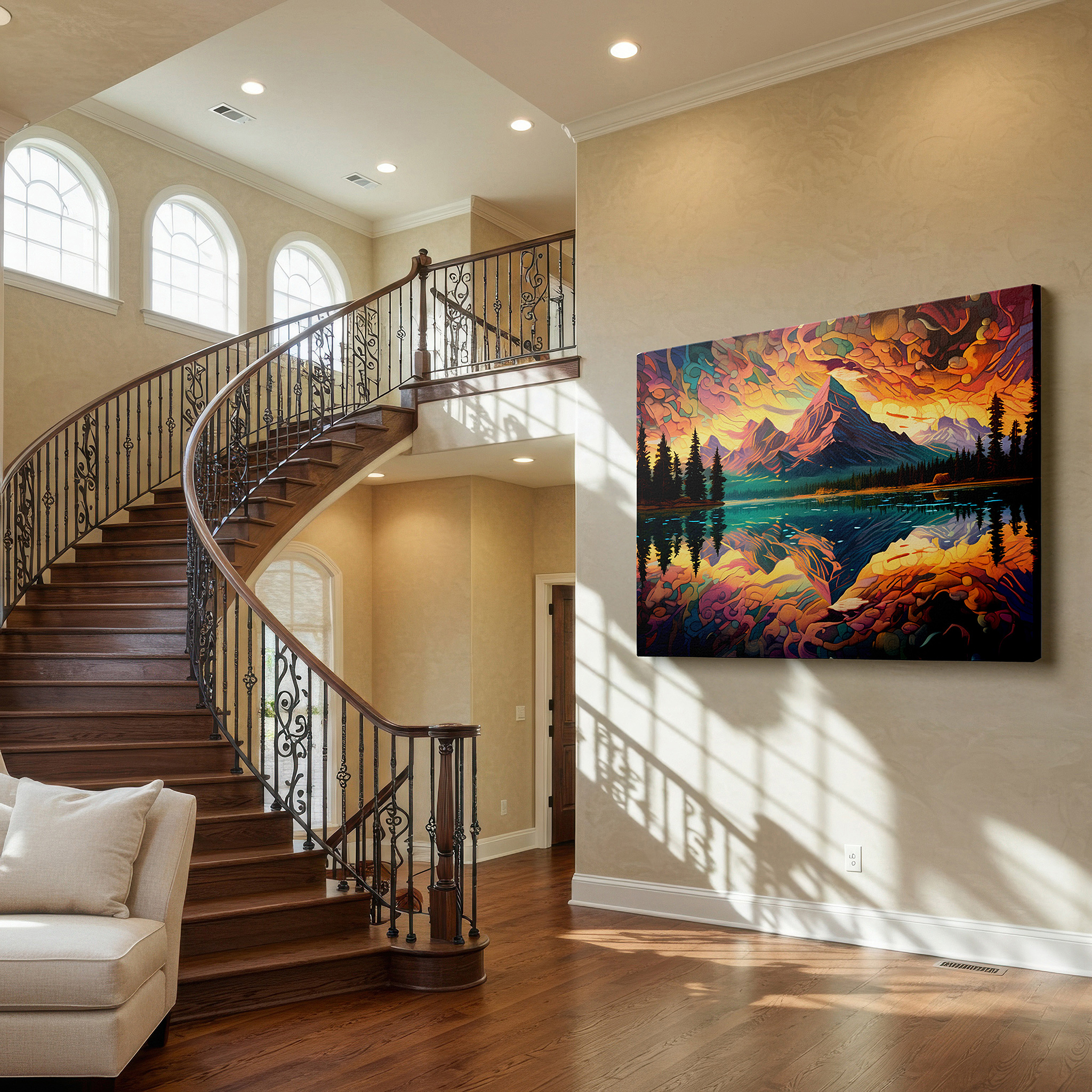Balanced between two tall indoor plants near a window — majestic mountains and radiant skies: a nature's grandeur canvas reflected in a sparkling lake - large wall art for office decor