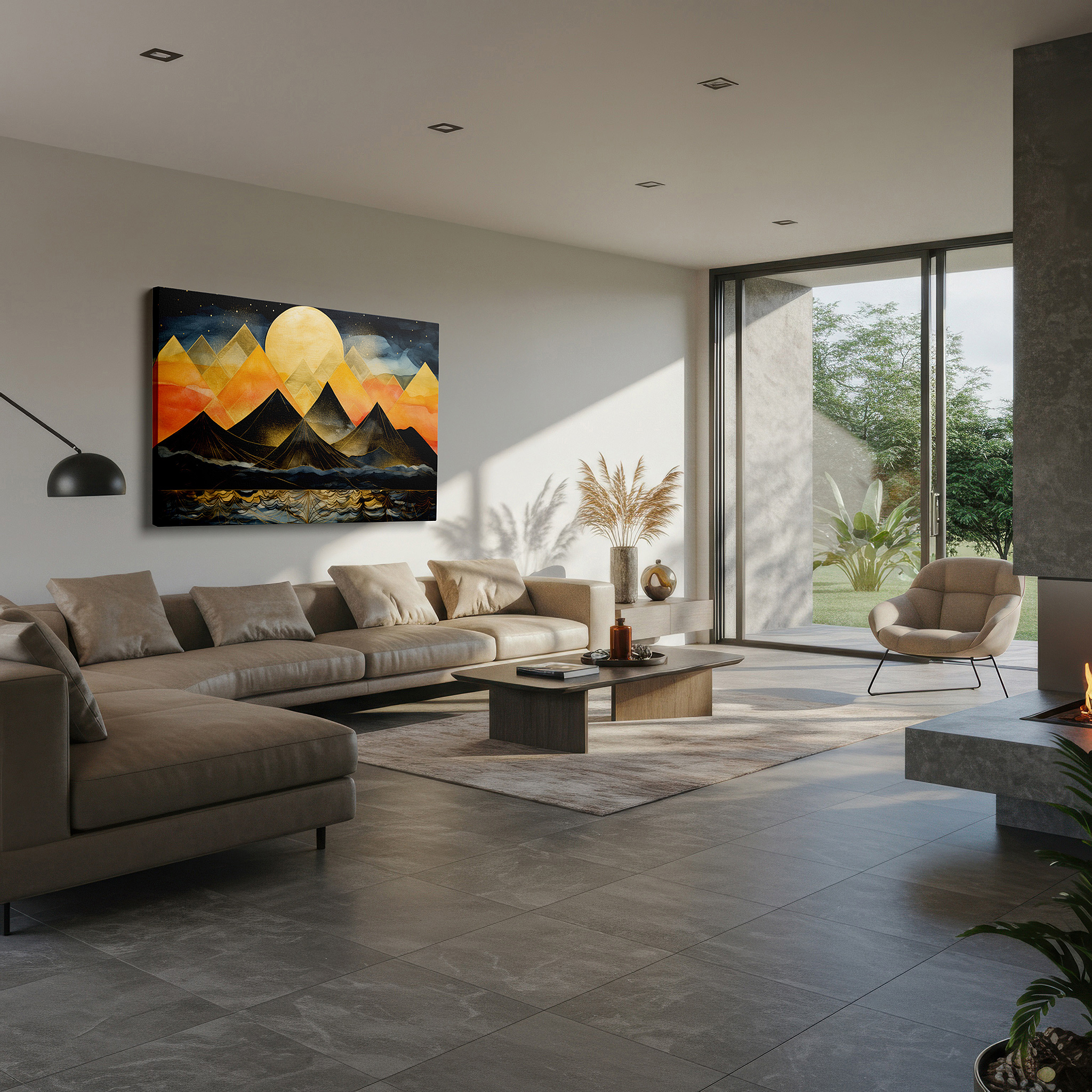 Balanced between two tall indoor plants near a window — majestic mountains and radiant sunlight: a serene landscape of reflection and tranquility - large canvas wall art decor