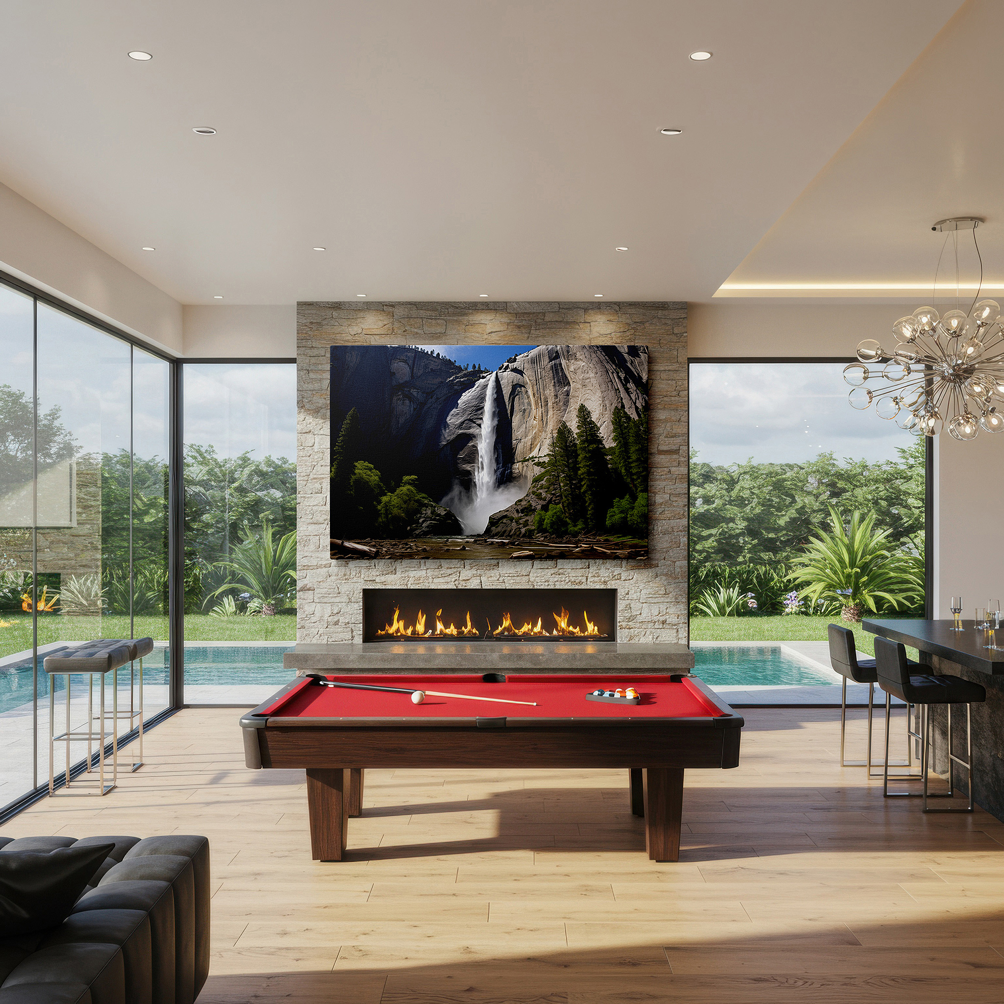 Balanced between two tall indoor plants near a window — majestic waterfall amidst lush forests: a stunning display of light and ethereal glow - large canvas wall art for home and office decor
