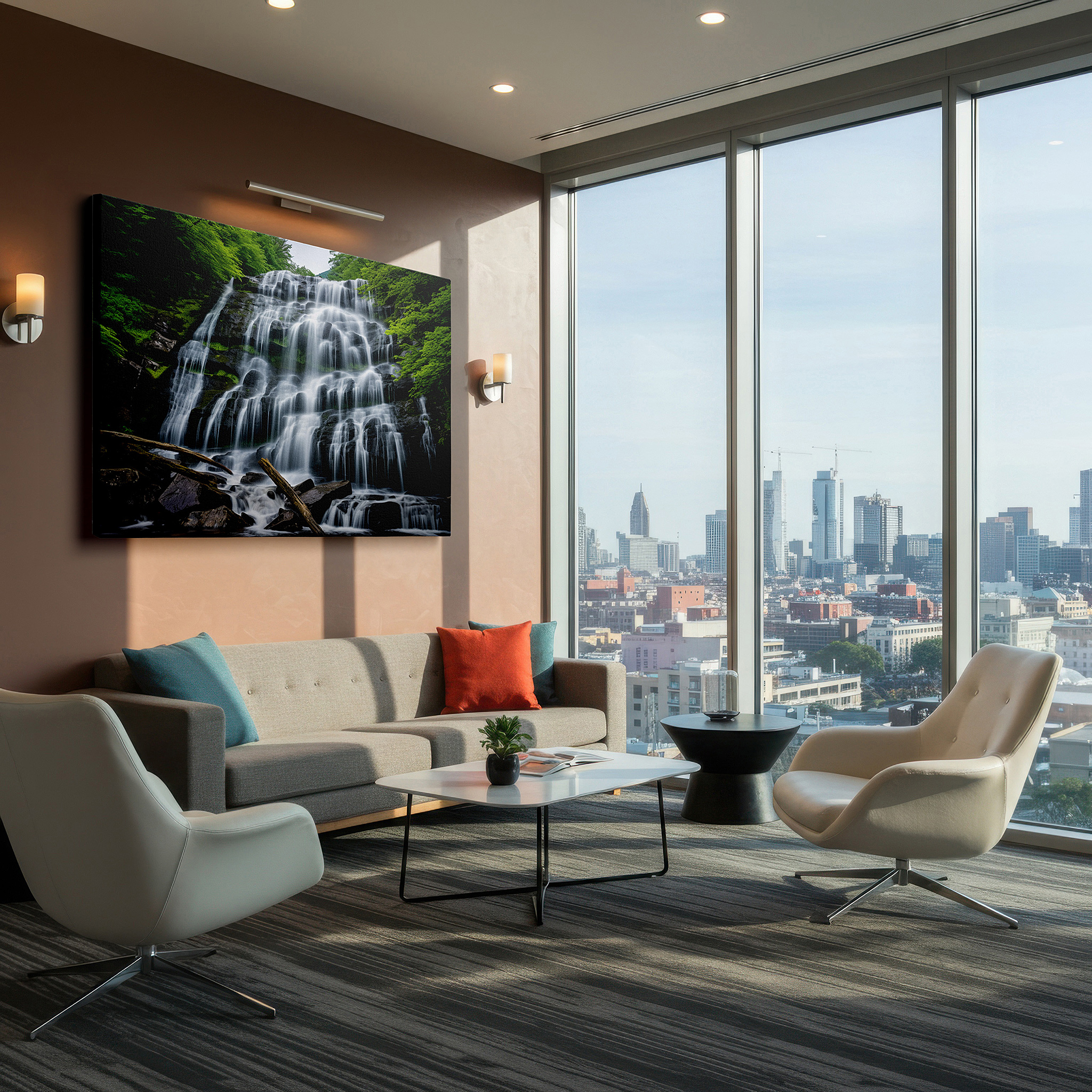 Balanced between two tall indoor plants near a window — majestic waterfall surrounded by lush forest, serene getaway with vibrant greenery and dynamic lighting, large wall art, canvas wall art, wall decor for office