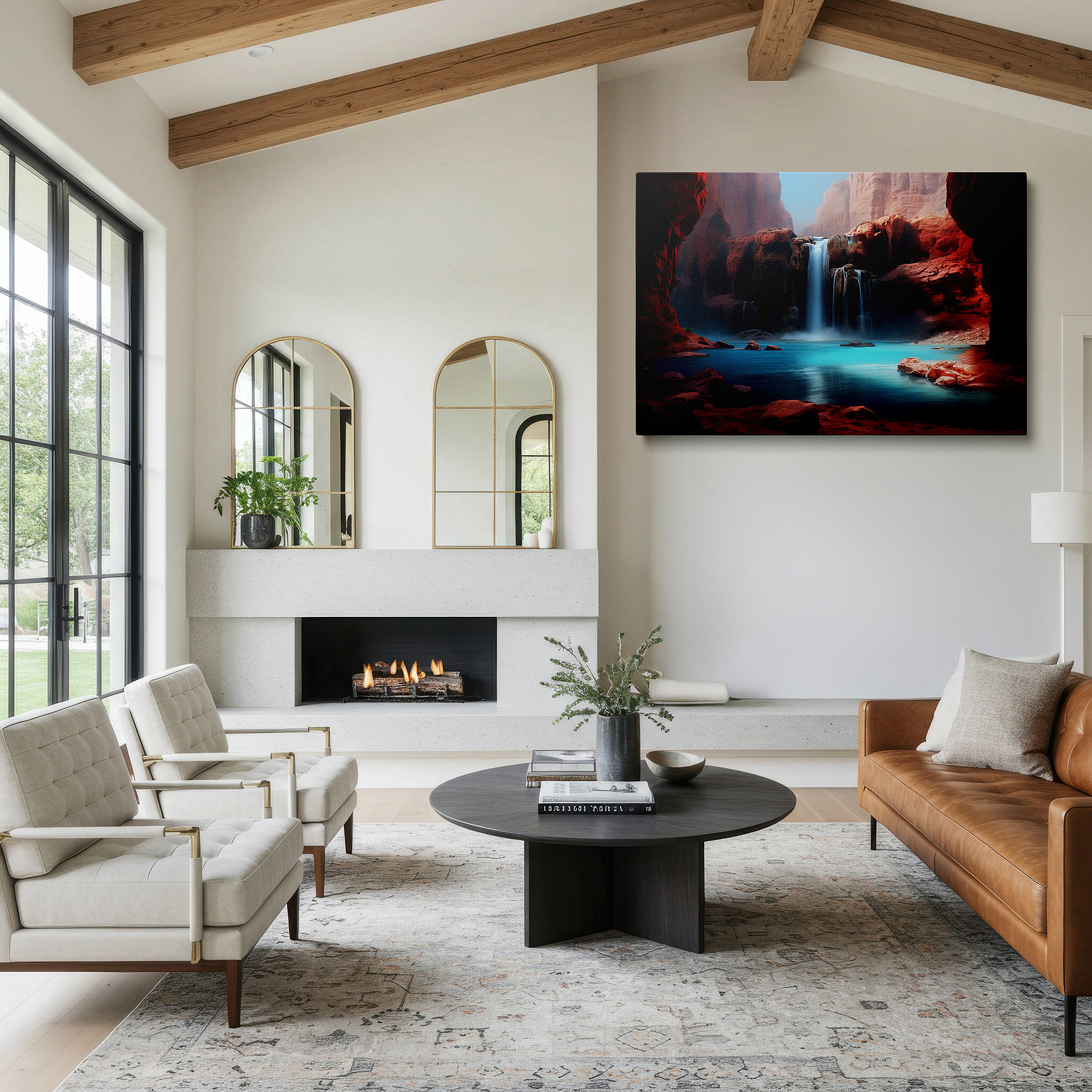 Balanced between two tall indoor plants near a window — majestic waterfalls and rugged red rocks - tranquil yet vibrant scenery large wall art, canvas wall art, wall decor, office wall art, bedroom wall art
