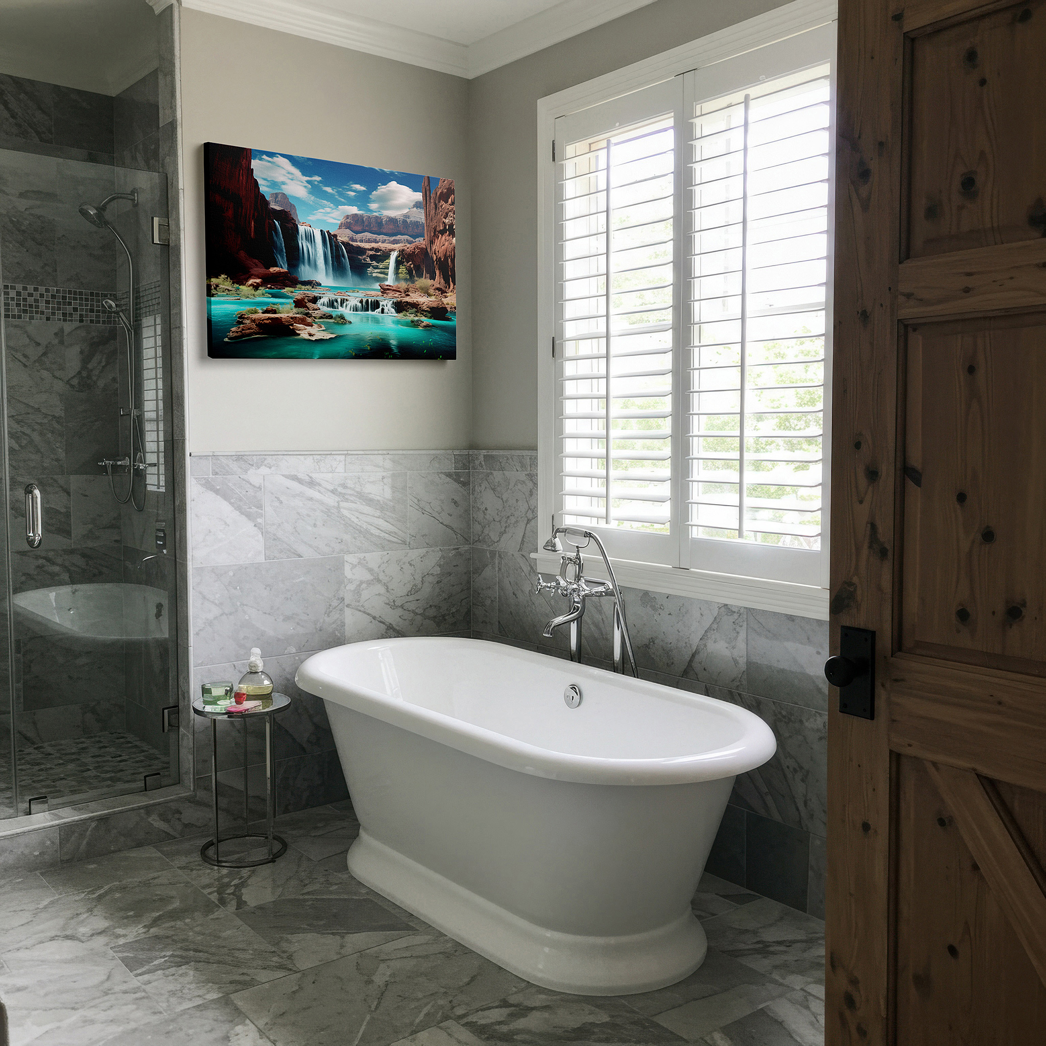 Balanced between two tall indoor plants near a window — majestic waterfalls and turquoise pool surrounded by lush greenery and rugged cliffs large wall art, canvas wall art, wall decor for office and bedroom
