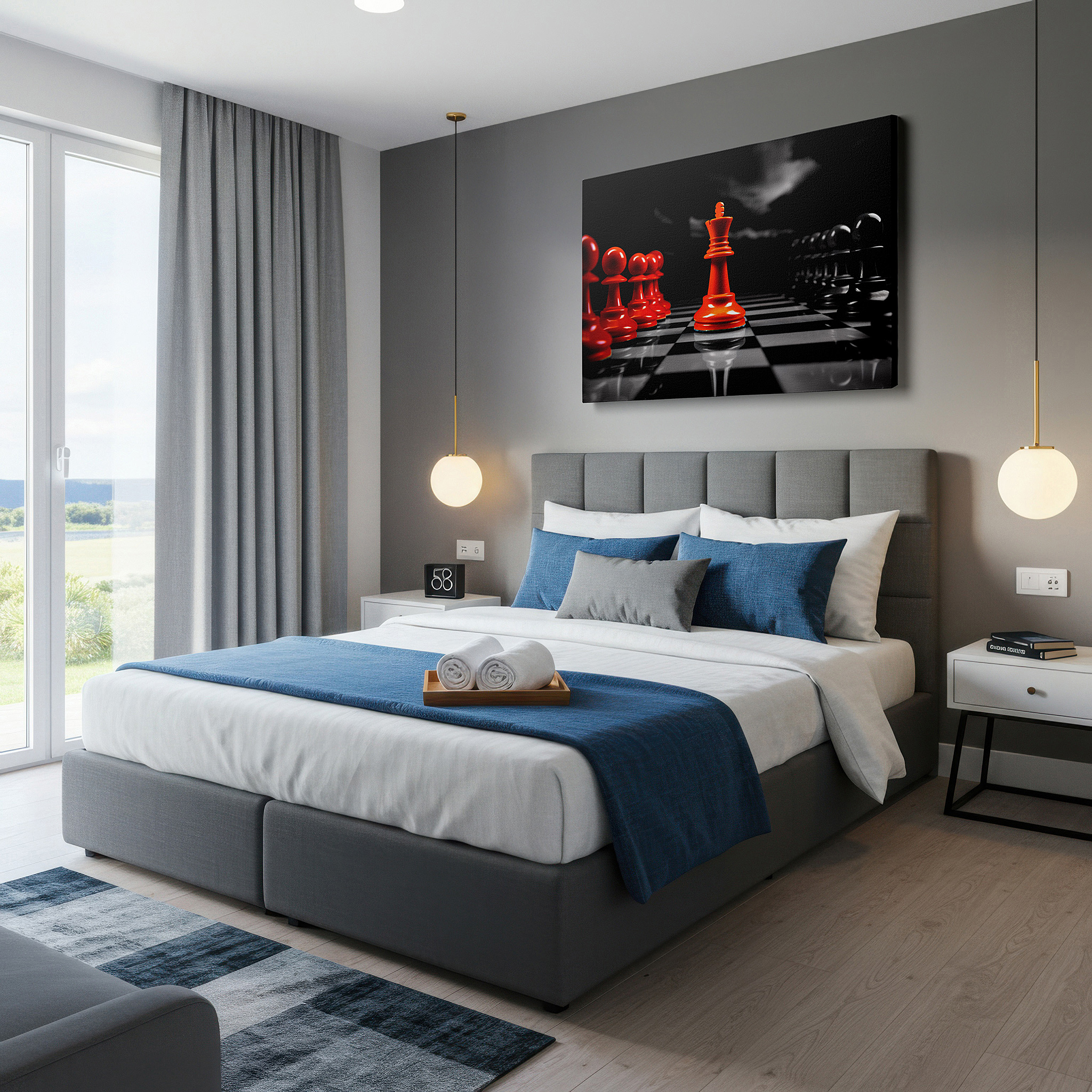 Balanced between two tall indoor plants near a window — masterpiece chess set wall art displaying passion, power, and strategy - ideal for office and bedroom decor