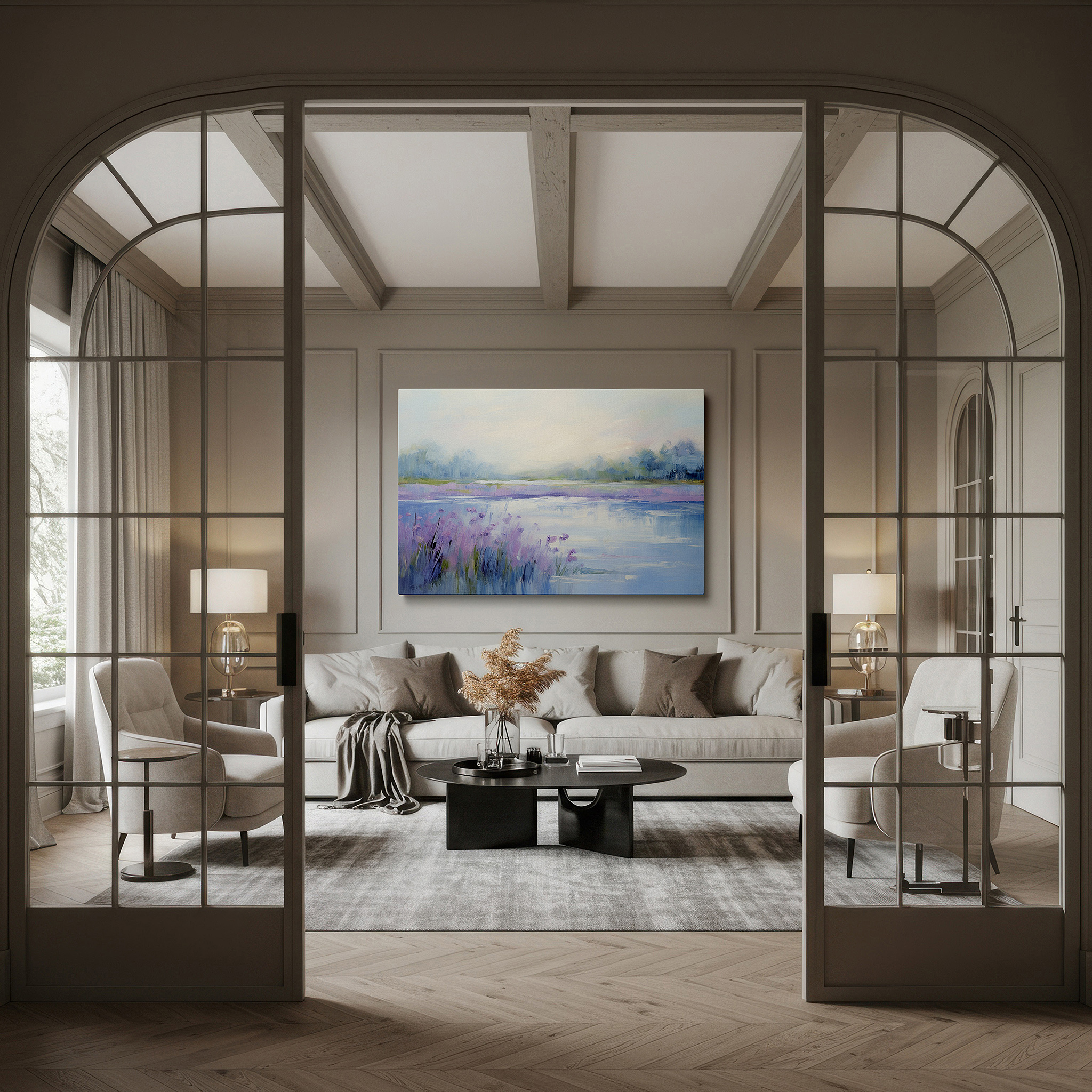 Balanced between two tall indoor plants near a window — misty lake at tranquil dawn with lavender blooms - large canvas wall art for office, bedroom, and living room decor