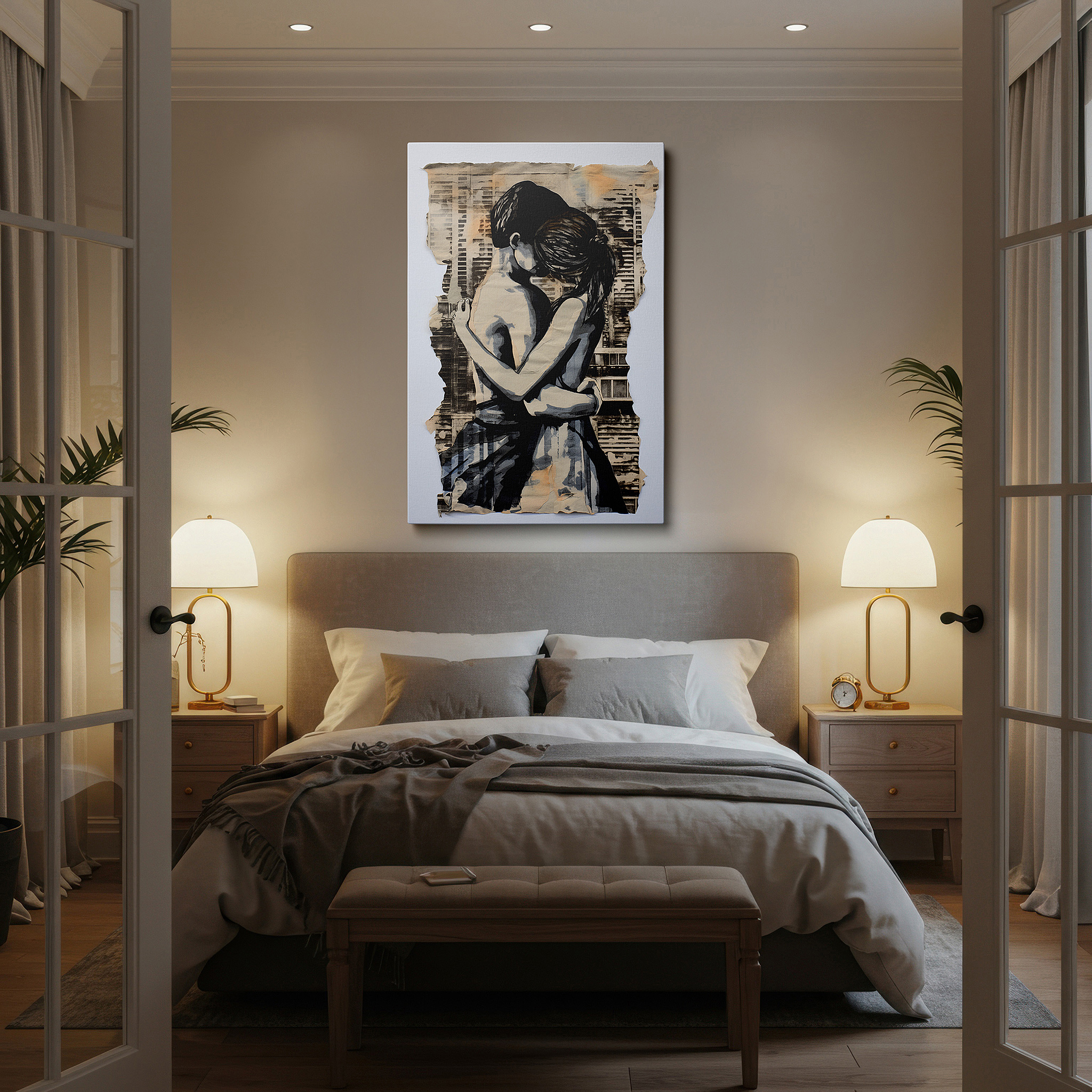 Balanced between two tall indoor plants near a window — monochrome intimate embrace, timeless urban love story large wall art, canvas wall art, wall decor for office, bedroom, and living room