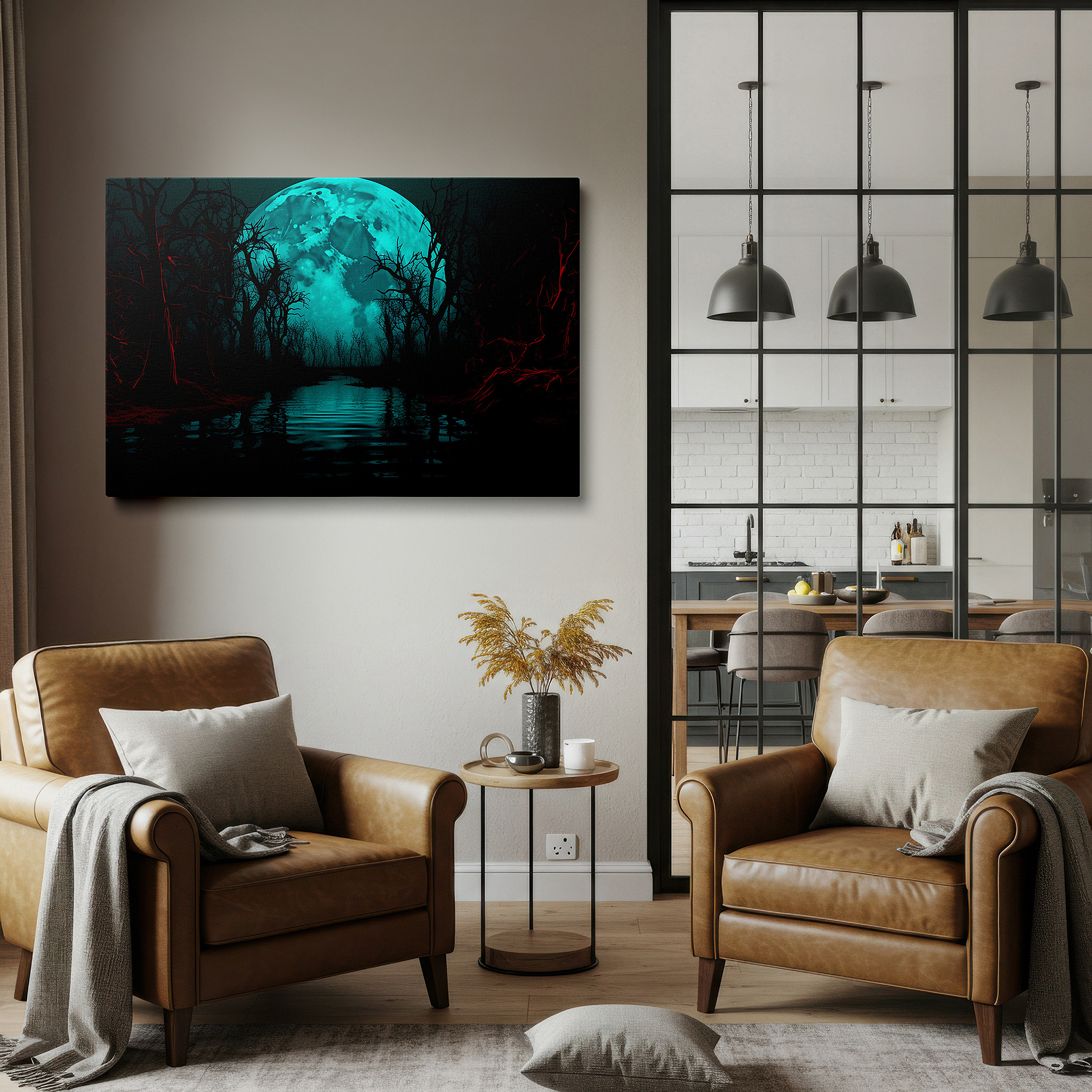 Balanced between two tall indoor plants near a window — mystical blue moonlight over dark forest wall art: ethereal gateway large canvas, ideal for office and bedroom decor