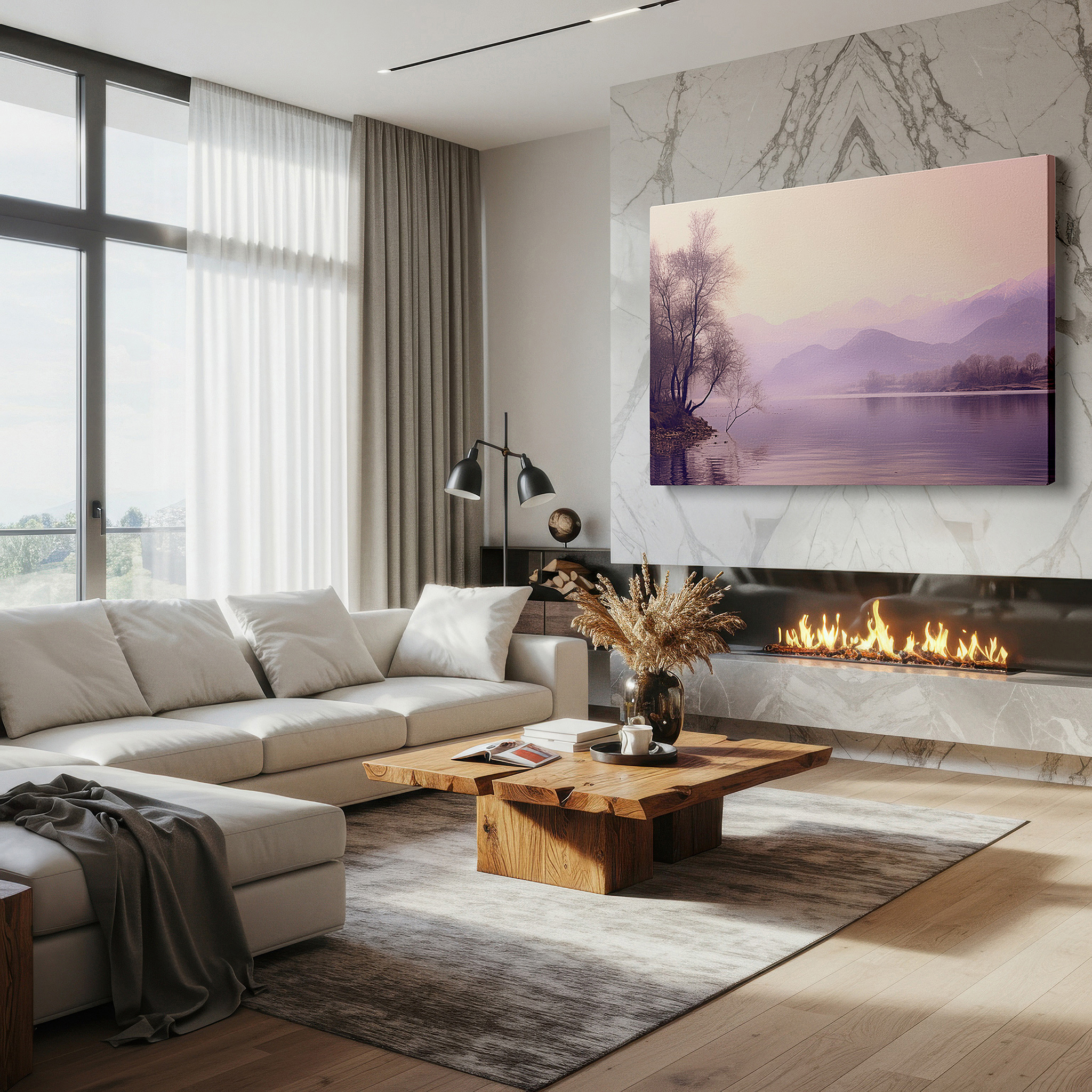 Balanced between two tall indoor plants near a window — mystical landscape at the edge of reality, serene beauty among misty mountains, large wall art, canvas wall art, wall decor for office and bedroom