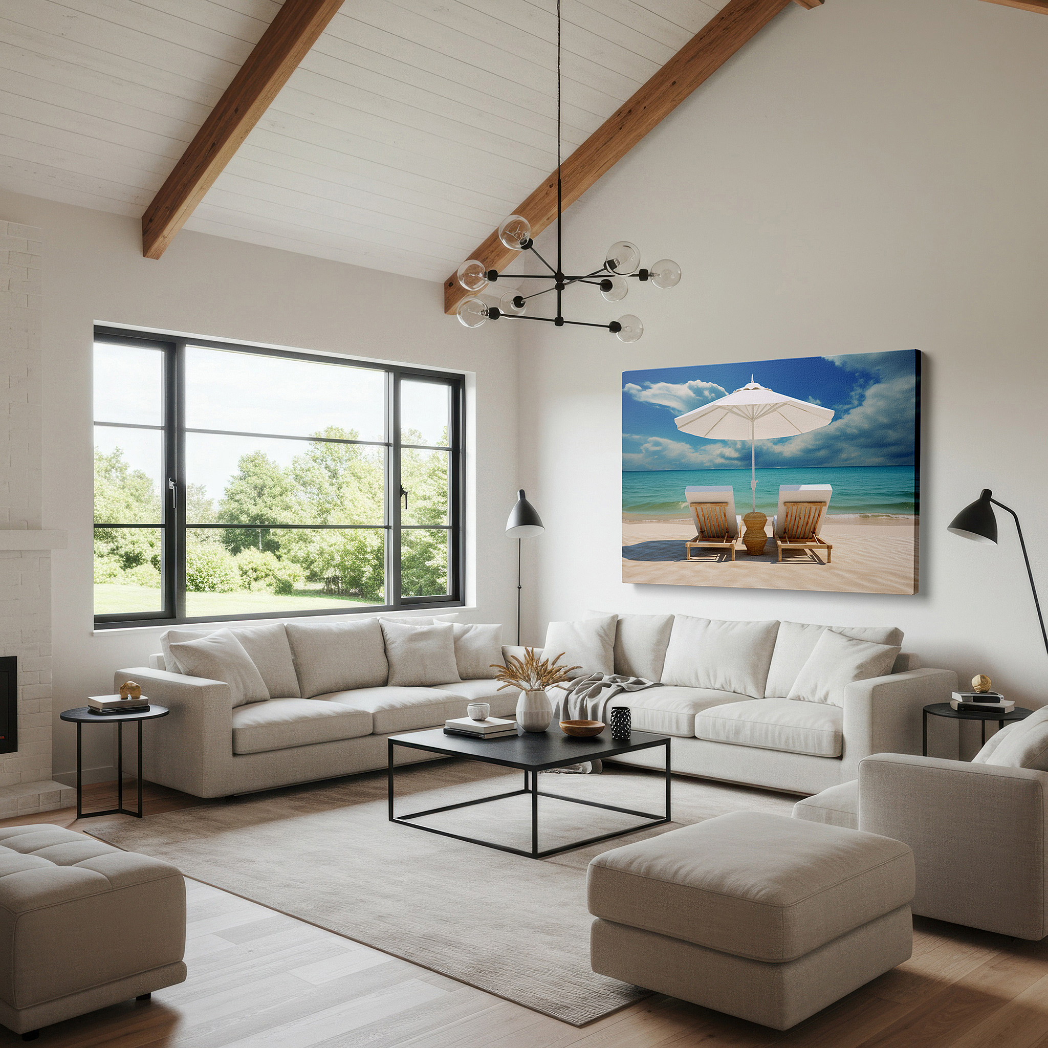 Balanced between two tall indoor plants near a window — peaceful beach scene with chairs under a white umbrella, tranquil coastal symphony large wall art, canvas wall art, wall decor for office