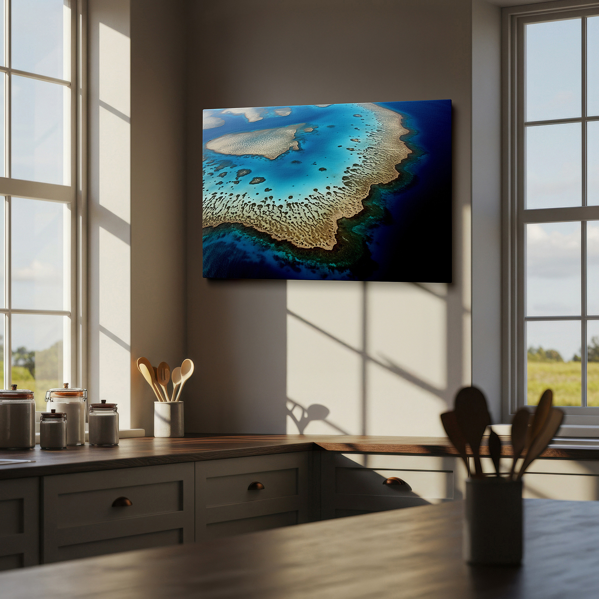 Balanced between two tall indoor plants near a window — radiant aerial view of a coral atoll, showcasing the delicate marine ecosystem - large wall art, canvas wall art, wall decor for office