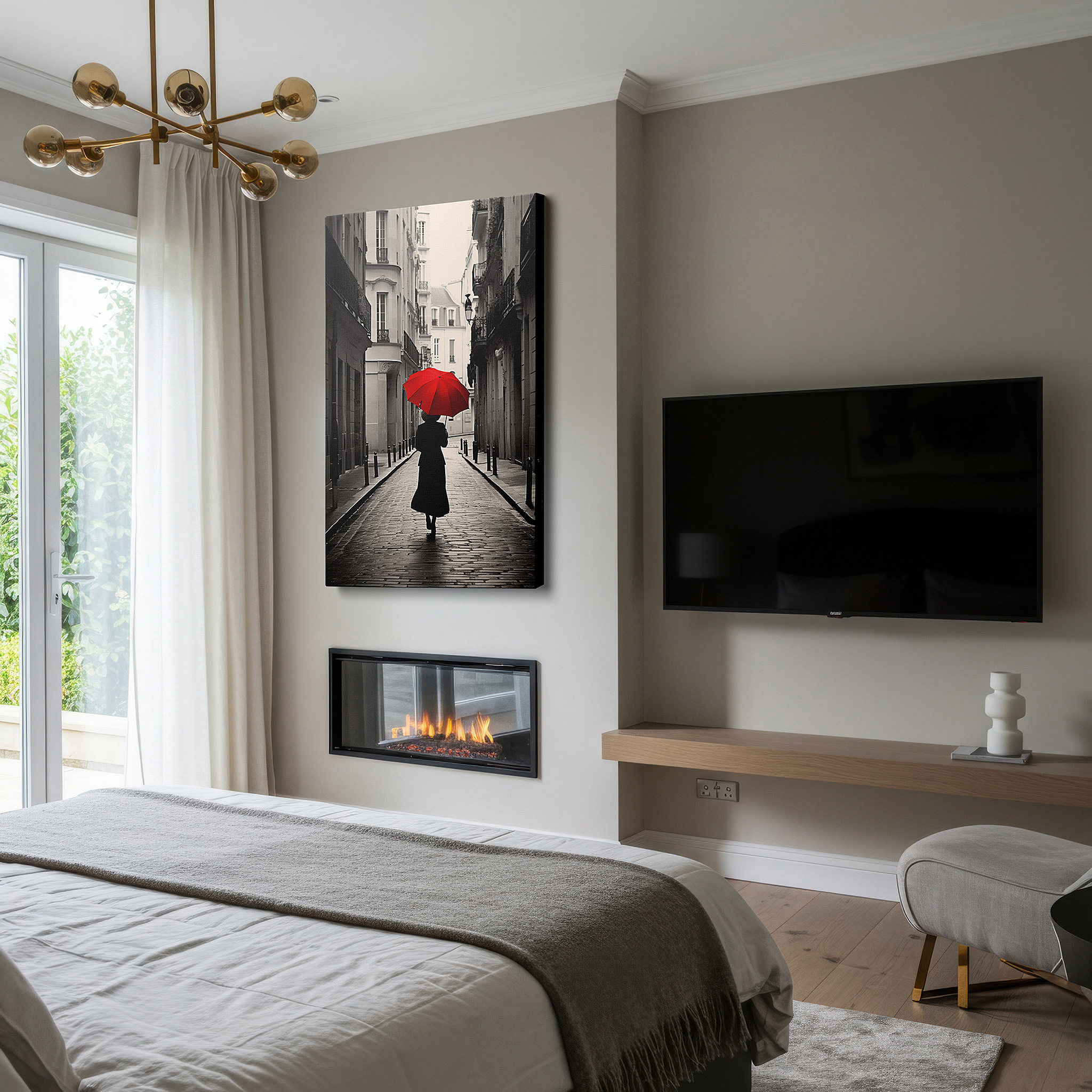 Balanced between two tall indoor plants near a window — red umbrella on a parisian street large canvas wall art, ideal for office, bedroom, and living room decor