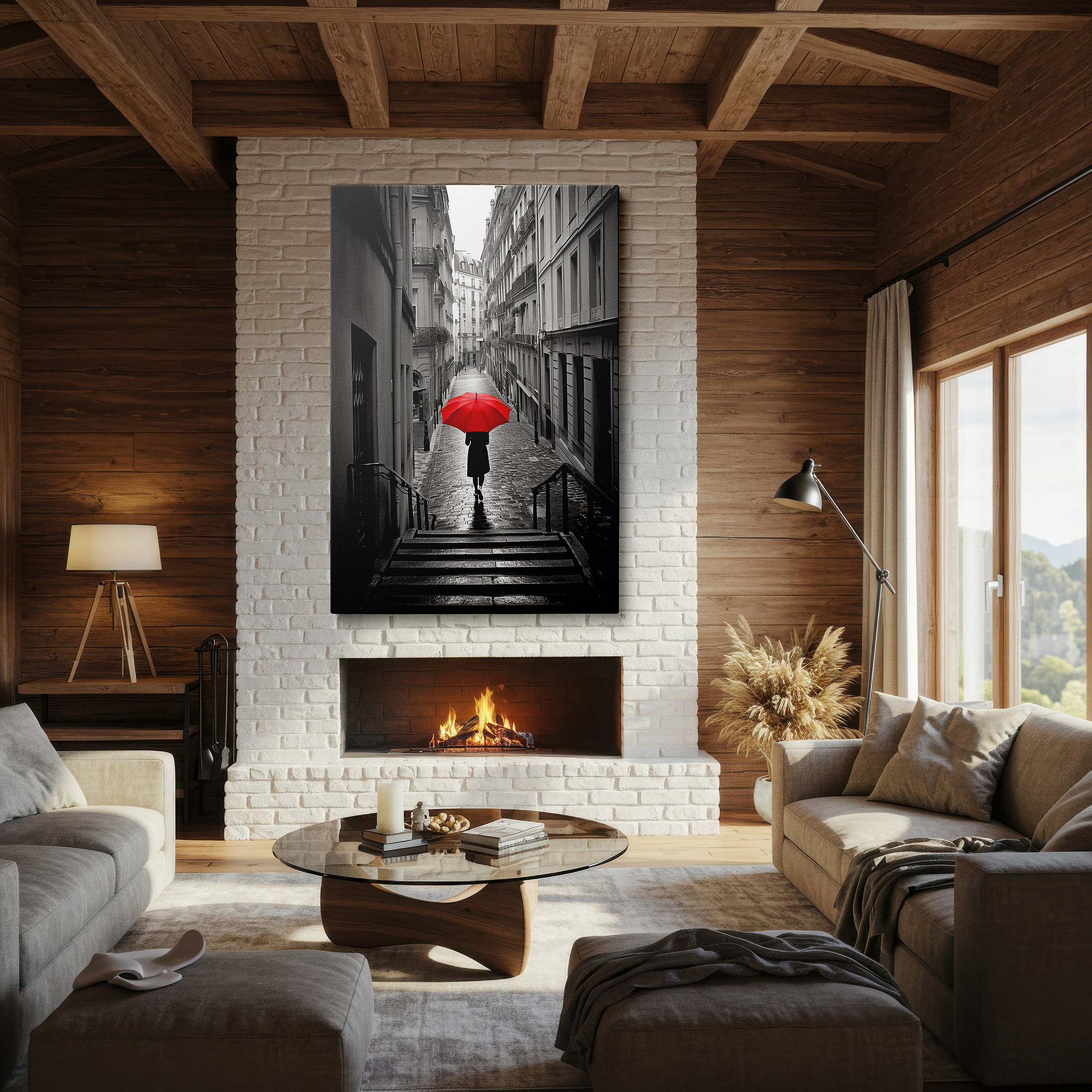 Balanced between two tall indoor plants near a window — red umbrella on rainy paris street large canvas wall art for office, living room, and bedroom decor