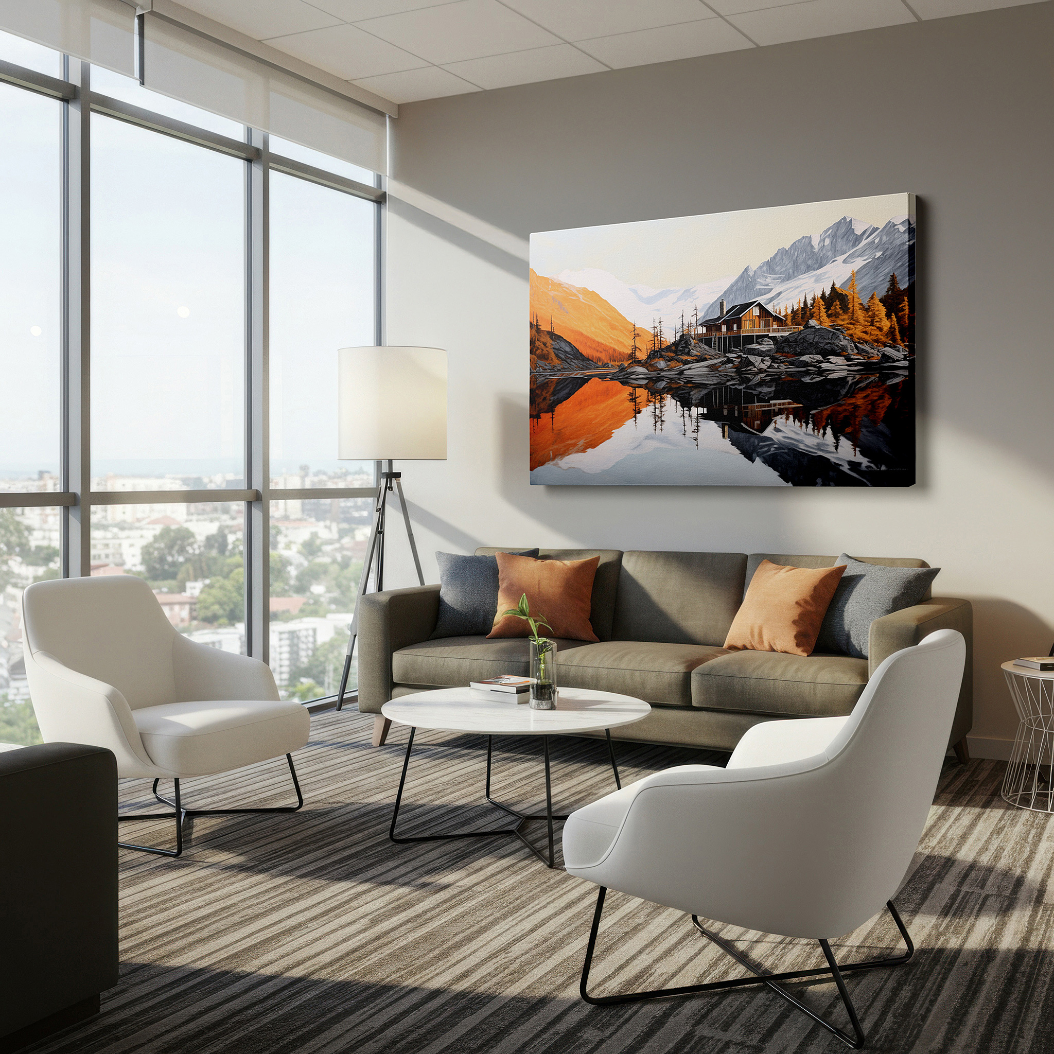 Balanced between two tall indoor plants near a window — rustic cabin canvas print featuring serene lake and majestic mountains - ideal for office and bedroom wall decor
