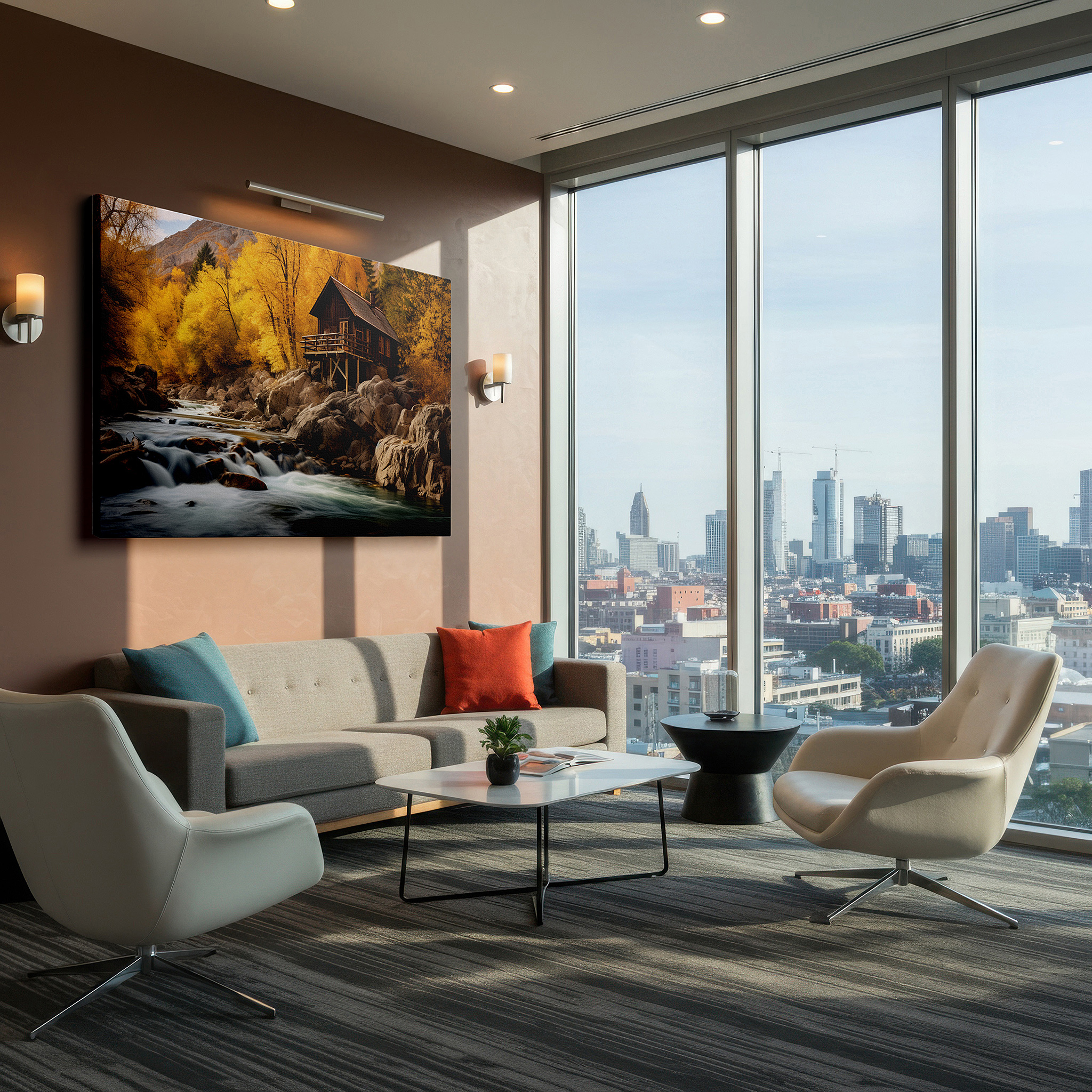 Balanced between two tall indoor plants near a window — rustic cabin and stream canvas wall art with vibrant autumn foliage for office and bedroom decor