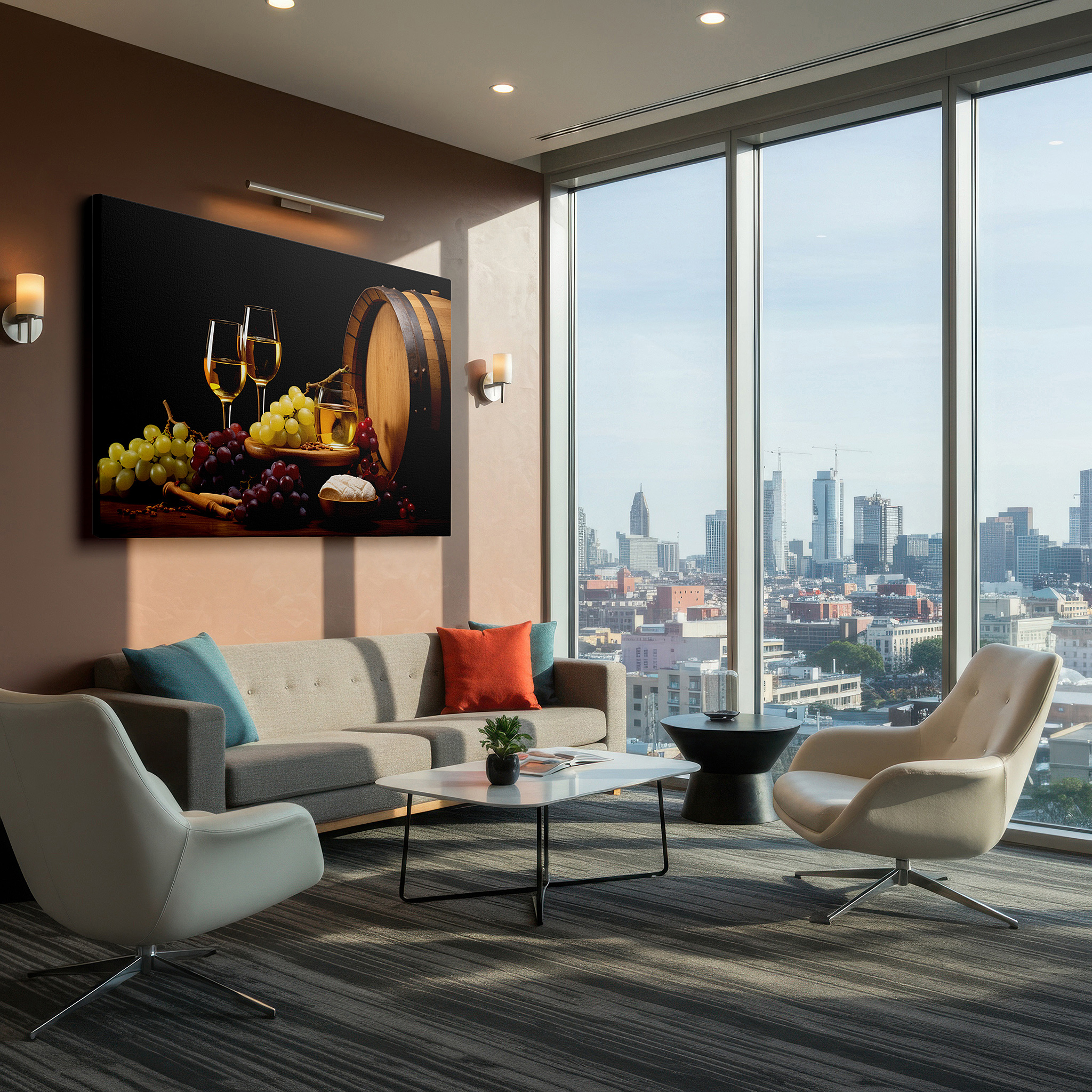 Balanced between two tall indoor plants near a window — rustic elegance wall art featuring wine, grapes, and cheese on an old barrel - large canvas for home or office decor, perfect for living room or bedroom