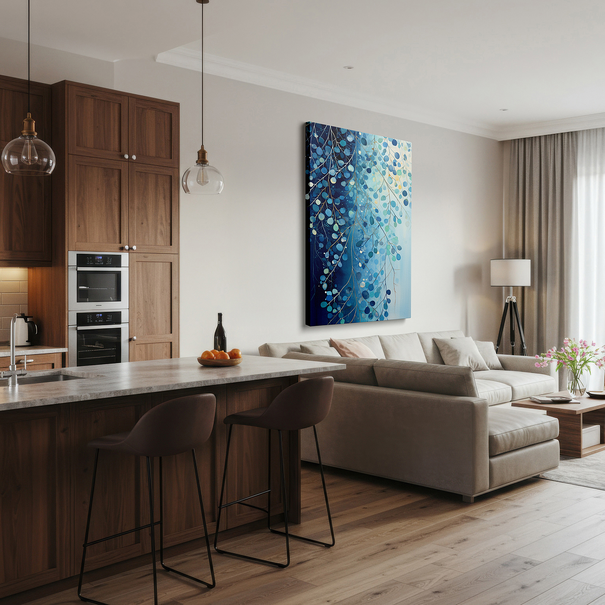 Balanced between two tall indoor plants near a window — serene blue leaves: large canvas wall art evoking tranquility and nature's peace for office and bedroom decor