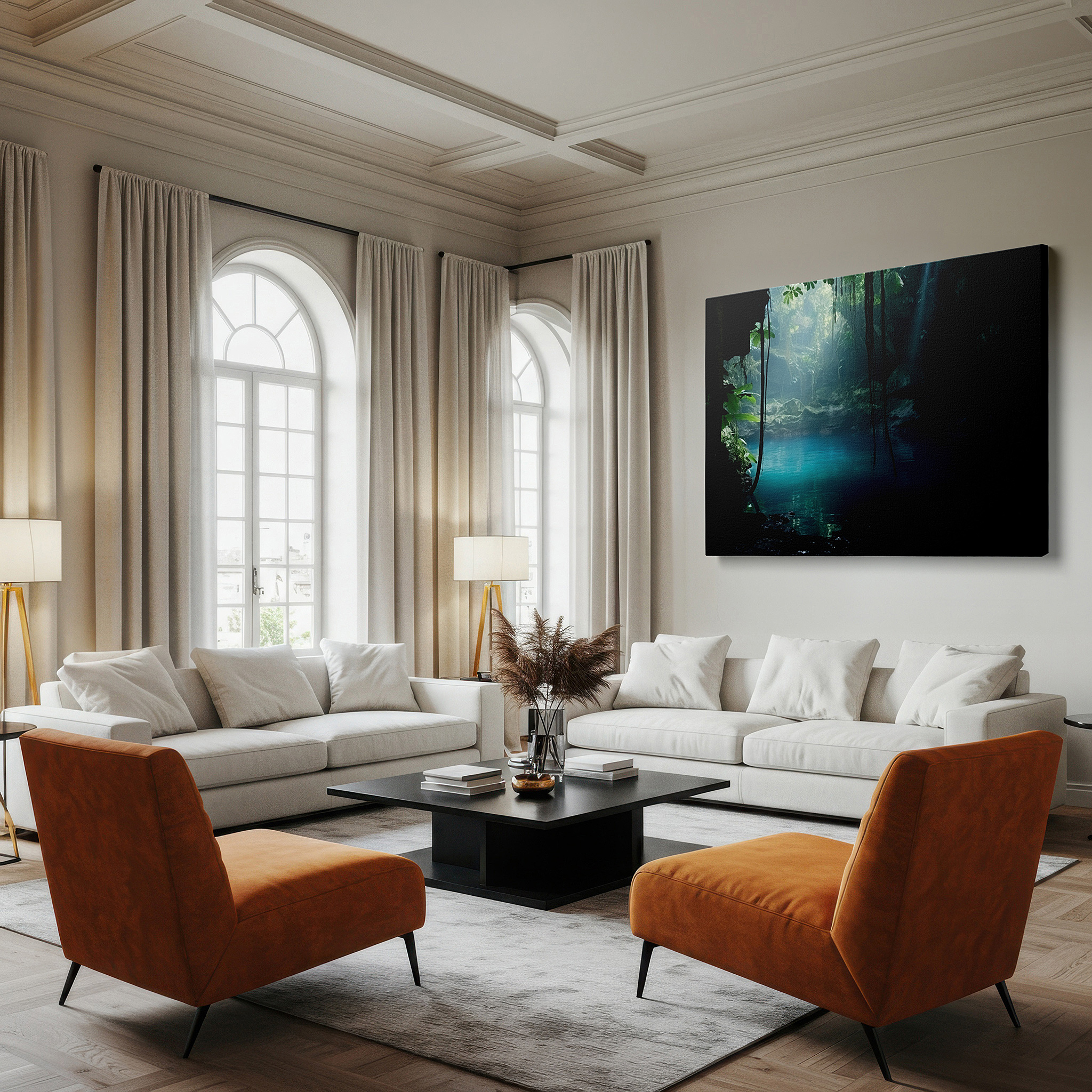 Balanced between two tall indoor plants near a window — serene cave pool surrounded by verdant greenery and soft light - oversized wall art, canvas print, home and office decor, suitable for living rooms and bedrooms