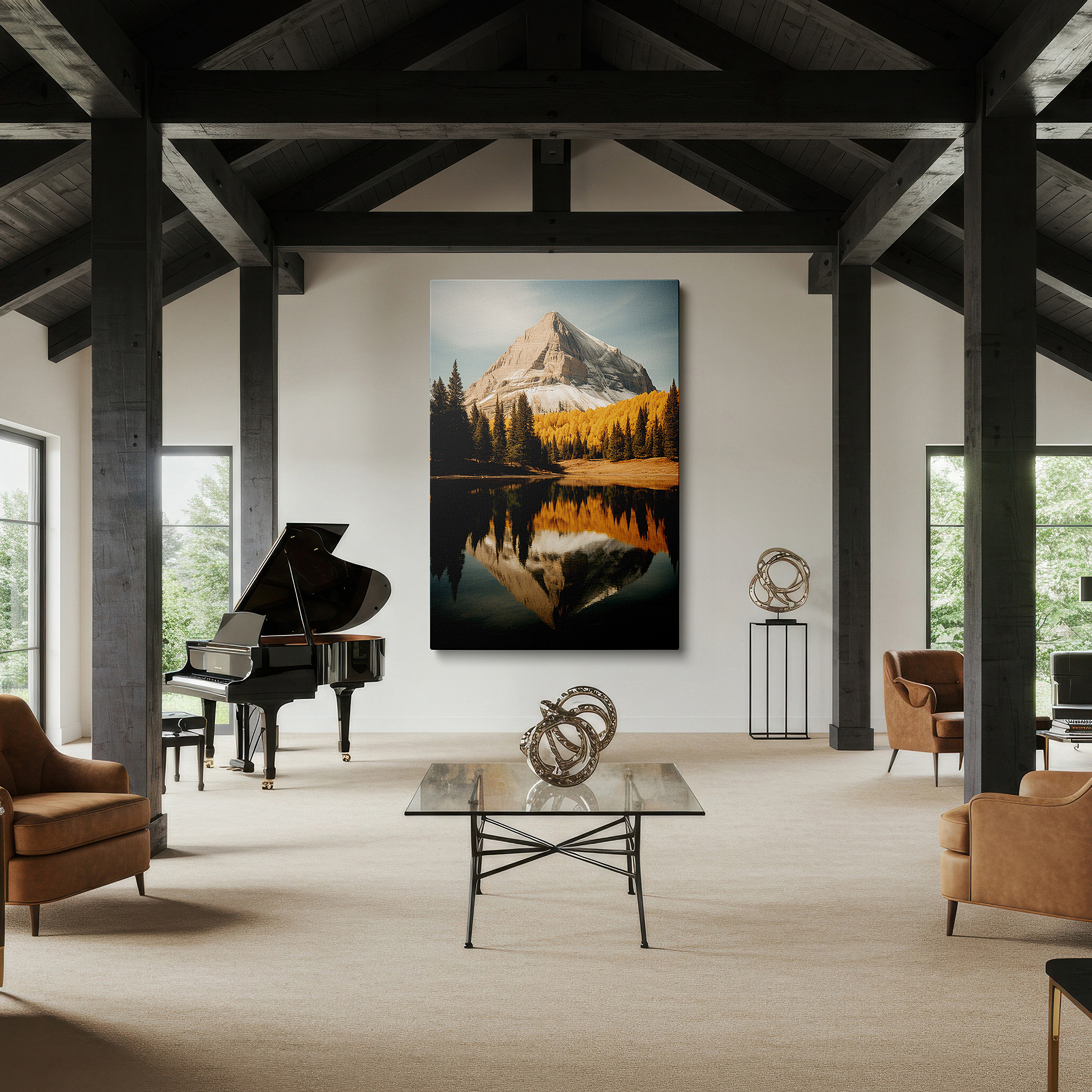 Balanced between two tall indoor plants near a window — serene cliffside mountain and tranquil lake autumn scene large wall art, canvas wall decor for office and bedroom