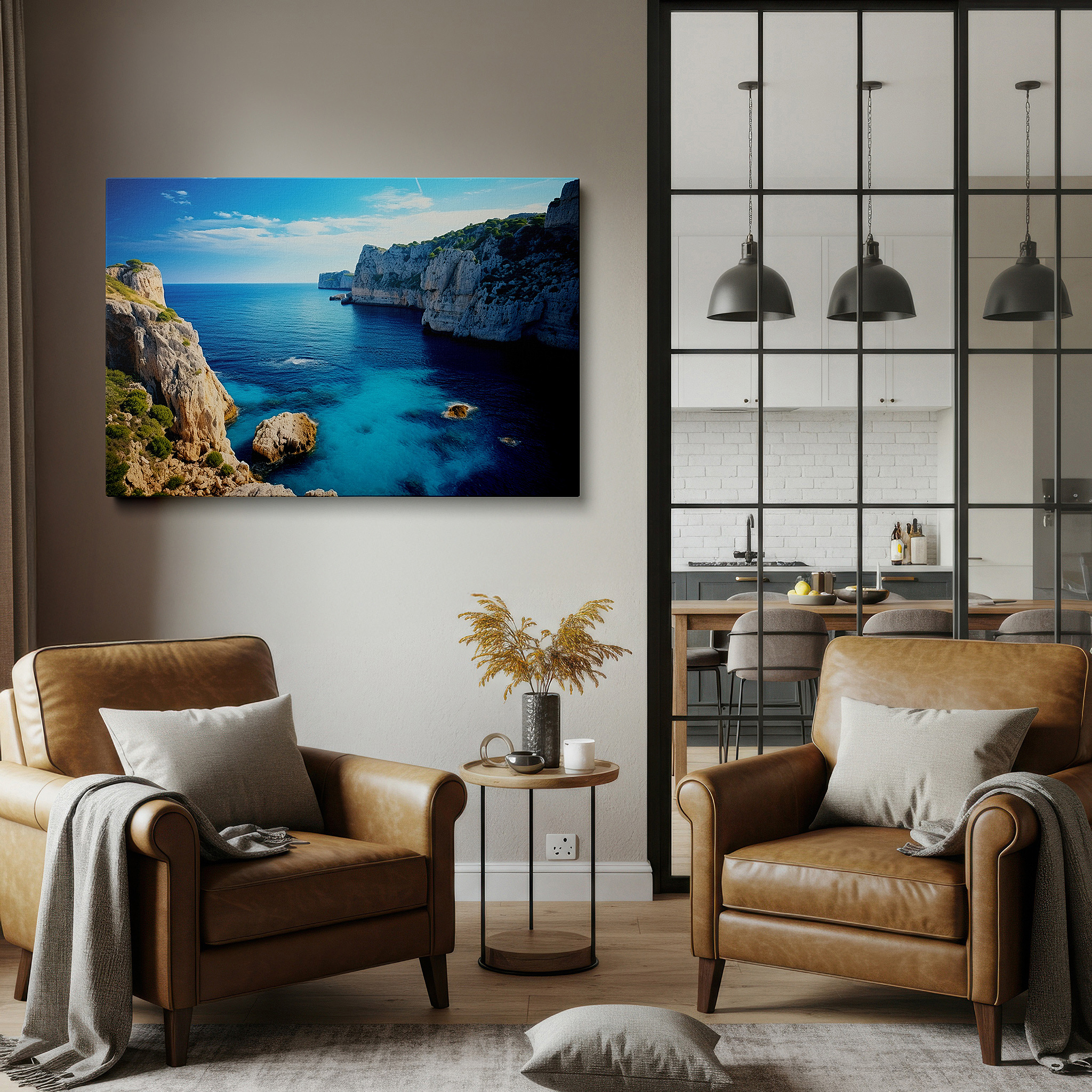 Balanced between two tall indoor plants near a window — serene coastal scene with vibrant blue sky and turquoise waters against rugged cliffs, large canvas wall art for home and office decor