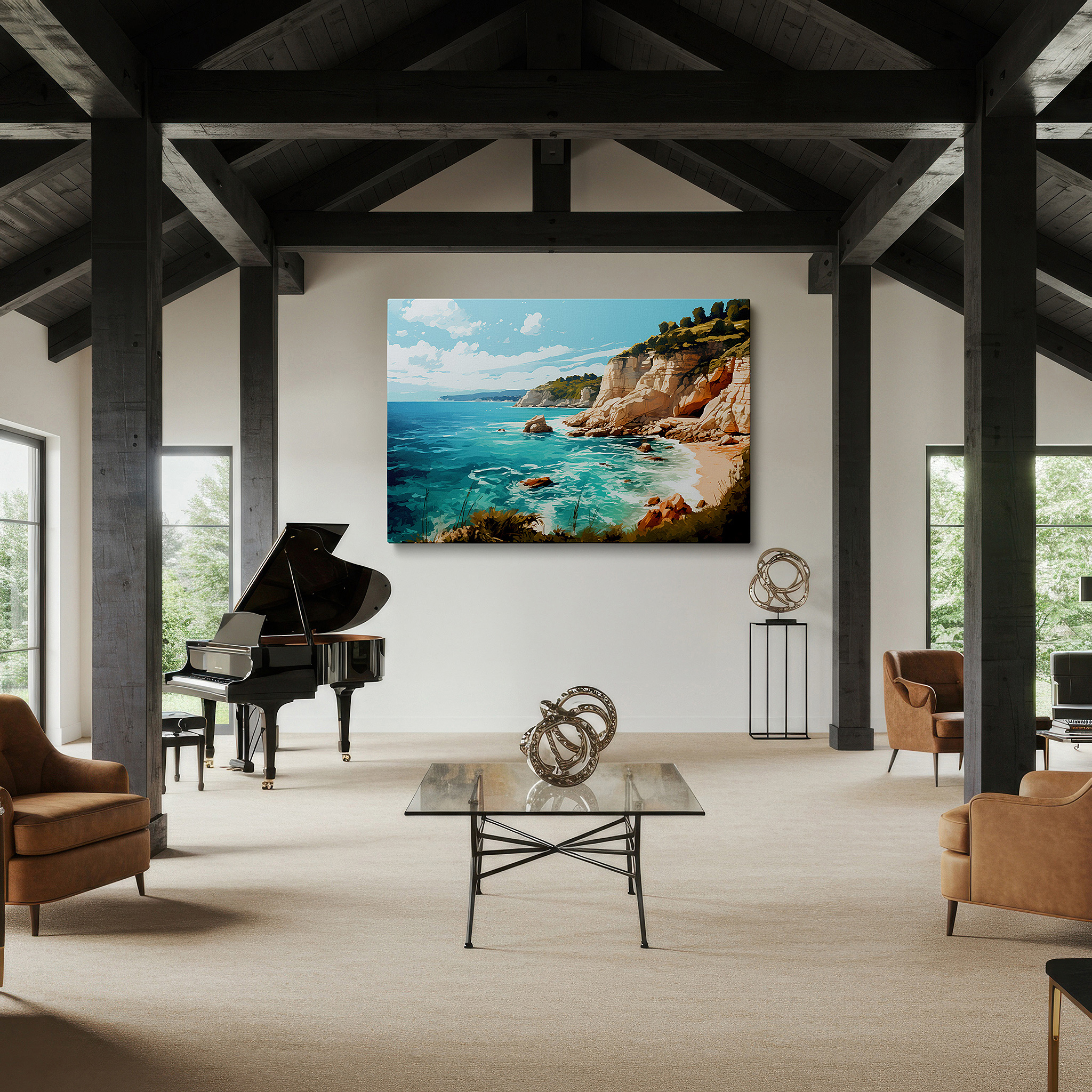 Balanced between two tall indoor plants near a window — serene coastal scenery with blue waters and verdant foliage, oversized wall art, canvas print, home and office decor, bedroom wall art