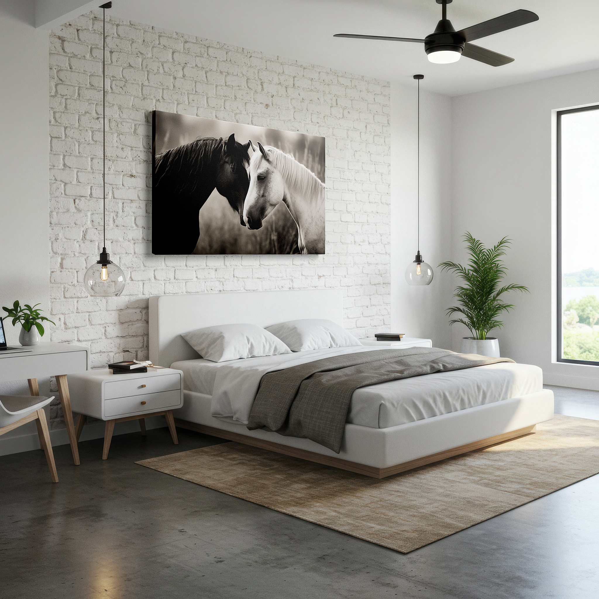 Balanced between two tall indoor plants near a window — serene embrace: two horses symbolizing friendship and peace - large canvas wall art for home and office decor