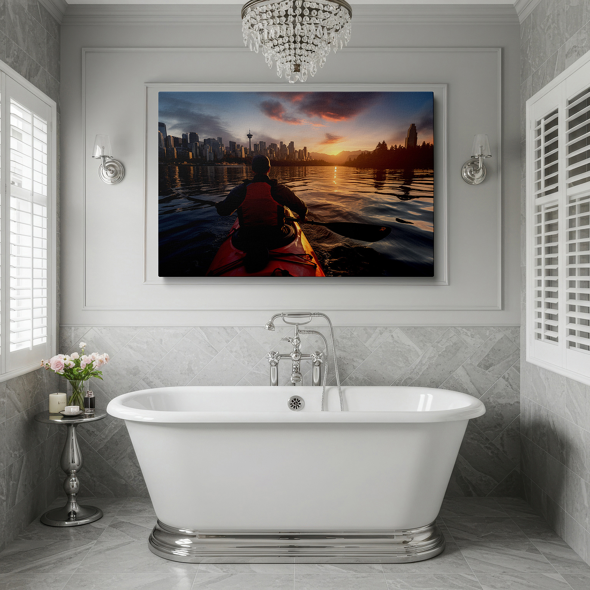 Balanced between two tall indoor plants near a window — serene kayaker at sunset amid urban splendor - large canvas wall art for office, bedroom, and living room decor