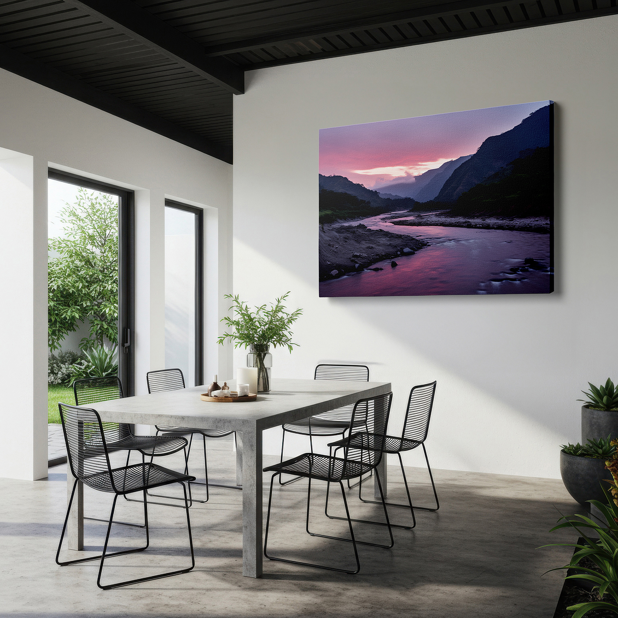 Balanced between two tall indoor plants near a window — serene riverbed at sunset: large canvas wall art featuring tranquil fiery skies and reflective waters, ideal for office wall decor