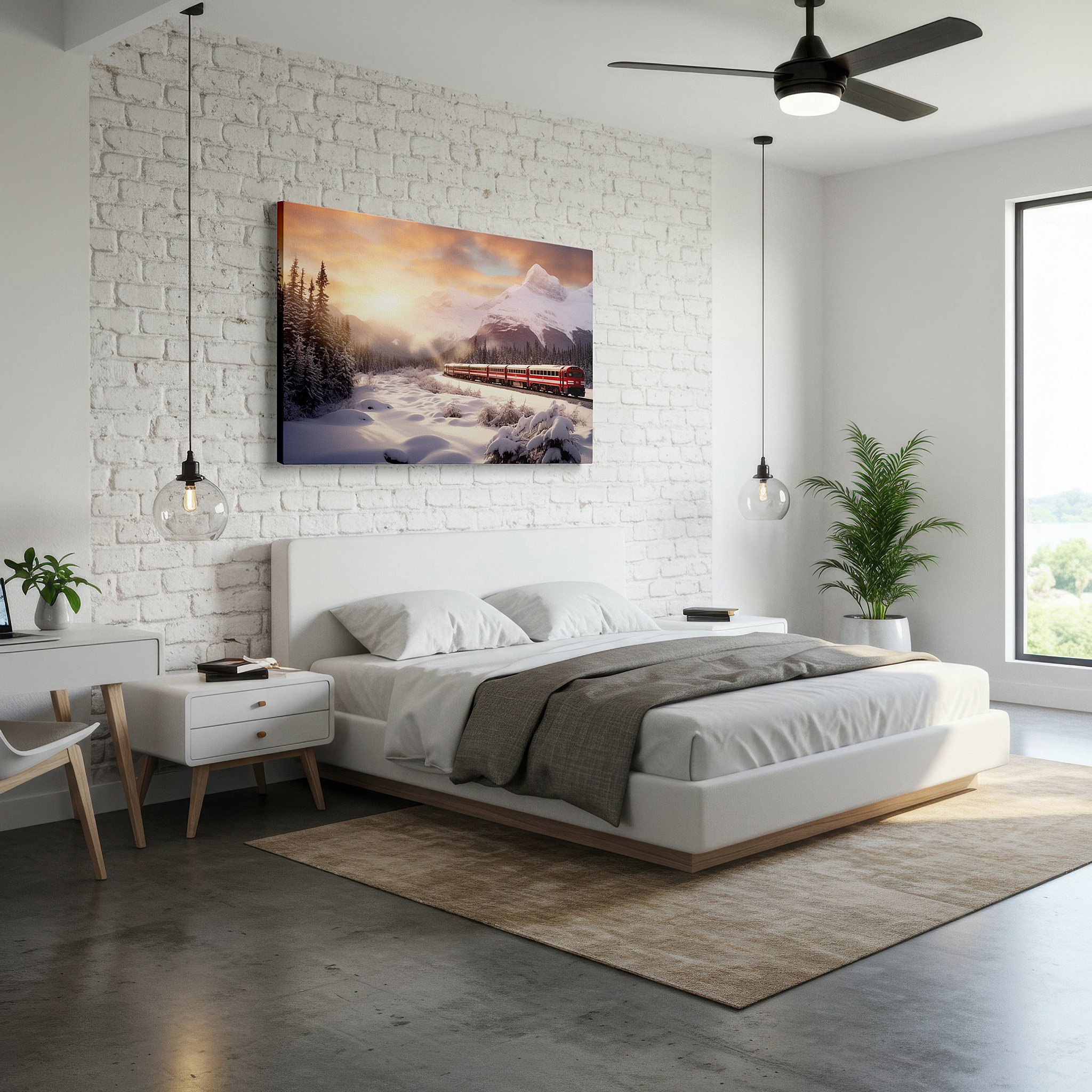 Balanced between two tall indoor plants near a window — serene snow scene featuring a bright red train at sunset - large canvas wall art for office, bedroom, and living room decor
